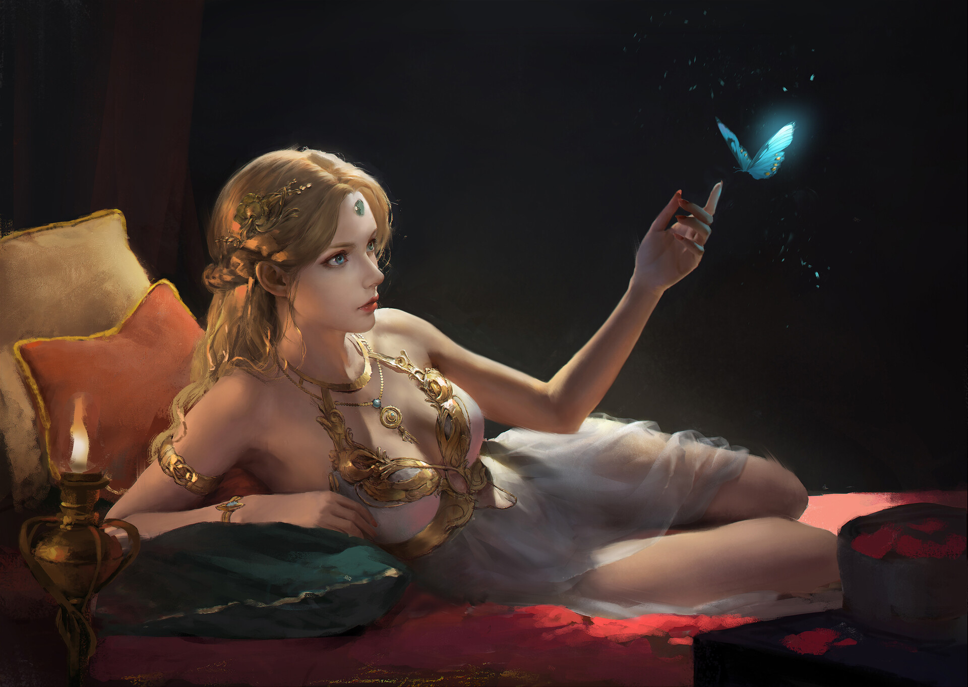 General 1920x1362 artwork blonde women princess butterfly fantasy girl fantasy art cleavage Jingyu Shen
