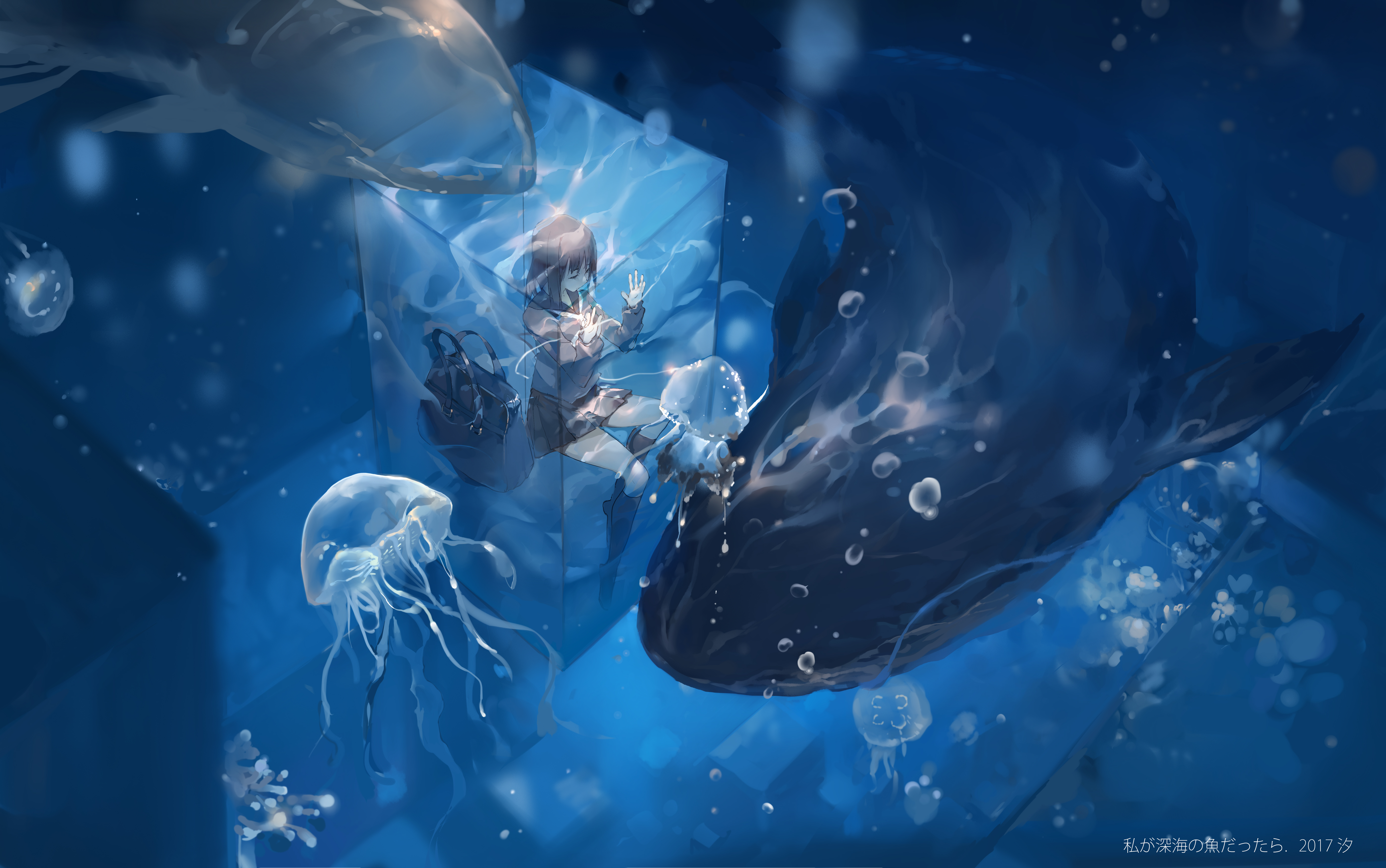 Anime 5600x3507 2017 (Year) underwater whale whale shark cyan blue artwork anime girls anime