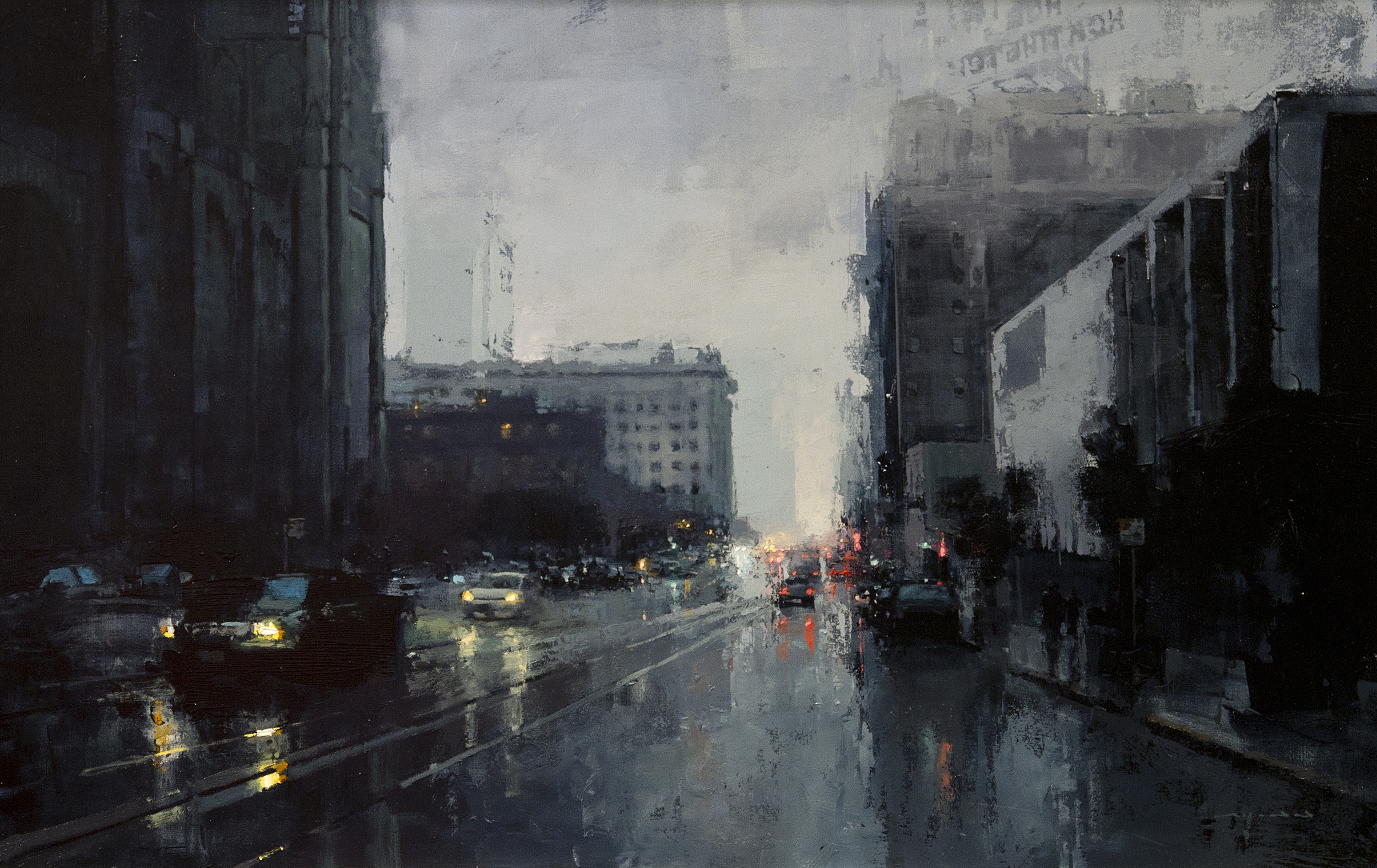 General 2500x1576 rain road car city artwork modern impressionism painting dark cityscape urban traffic gray