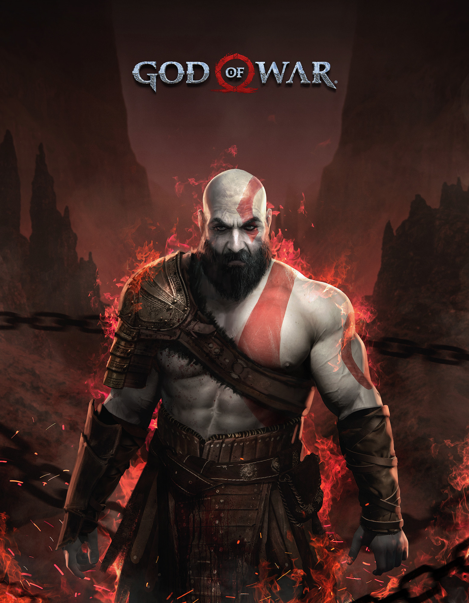 General 1556x2000 Soufiane Idrassi digital art god of war 4 tattoo chains men God concept art Kratos blood fire sparks God of War God of War (2018) frontal view muscular