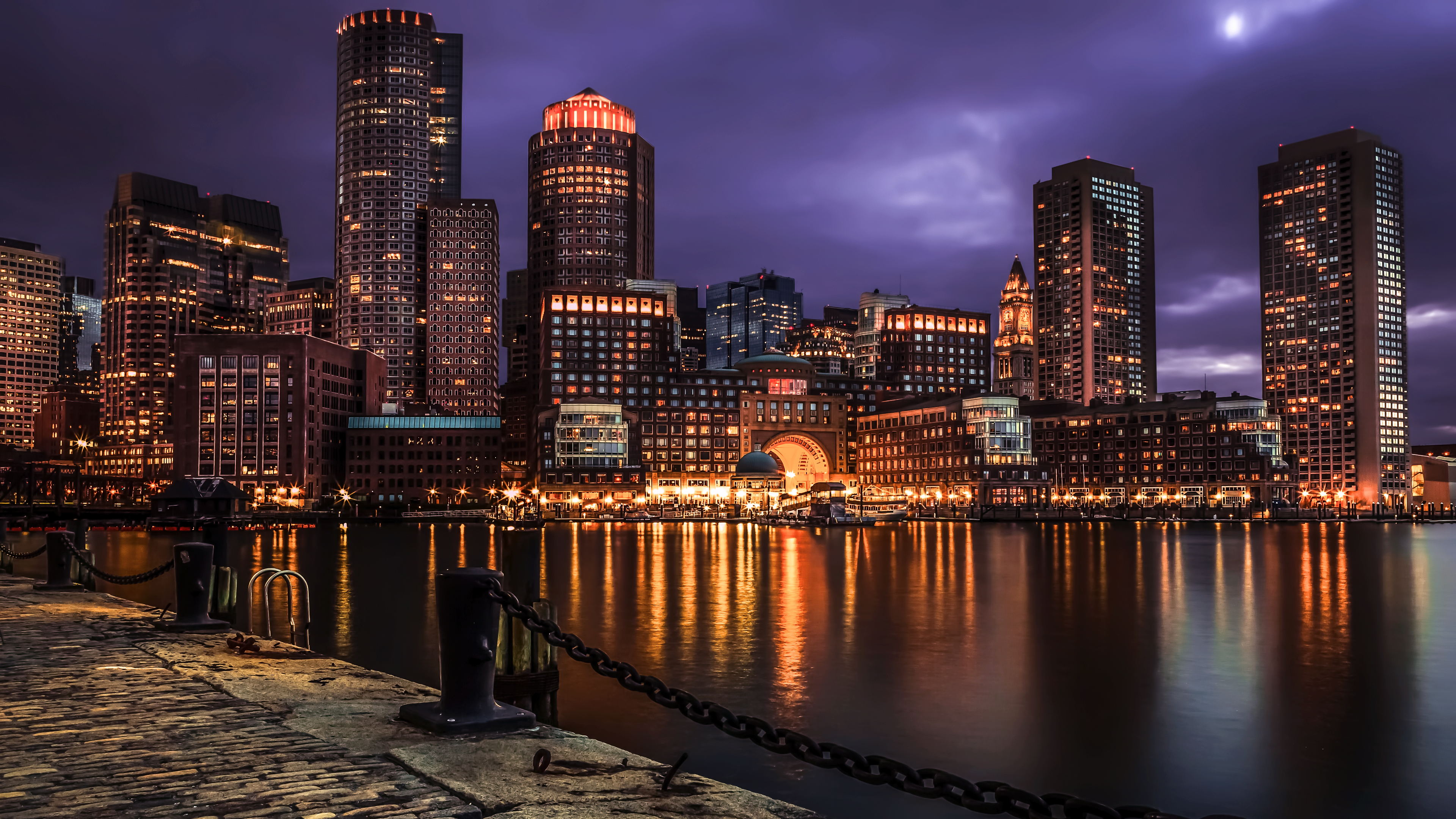 General 3840x2160 cityscape USA night landscape water photography Boston ports overcast city lights