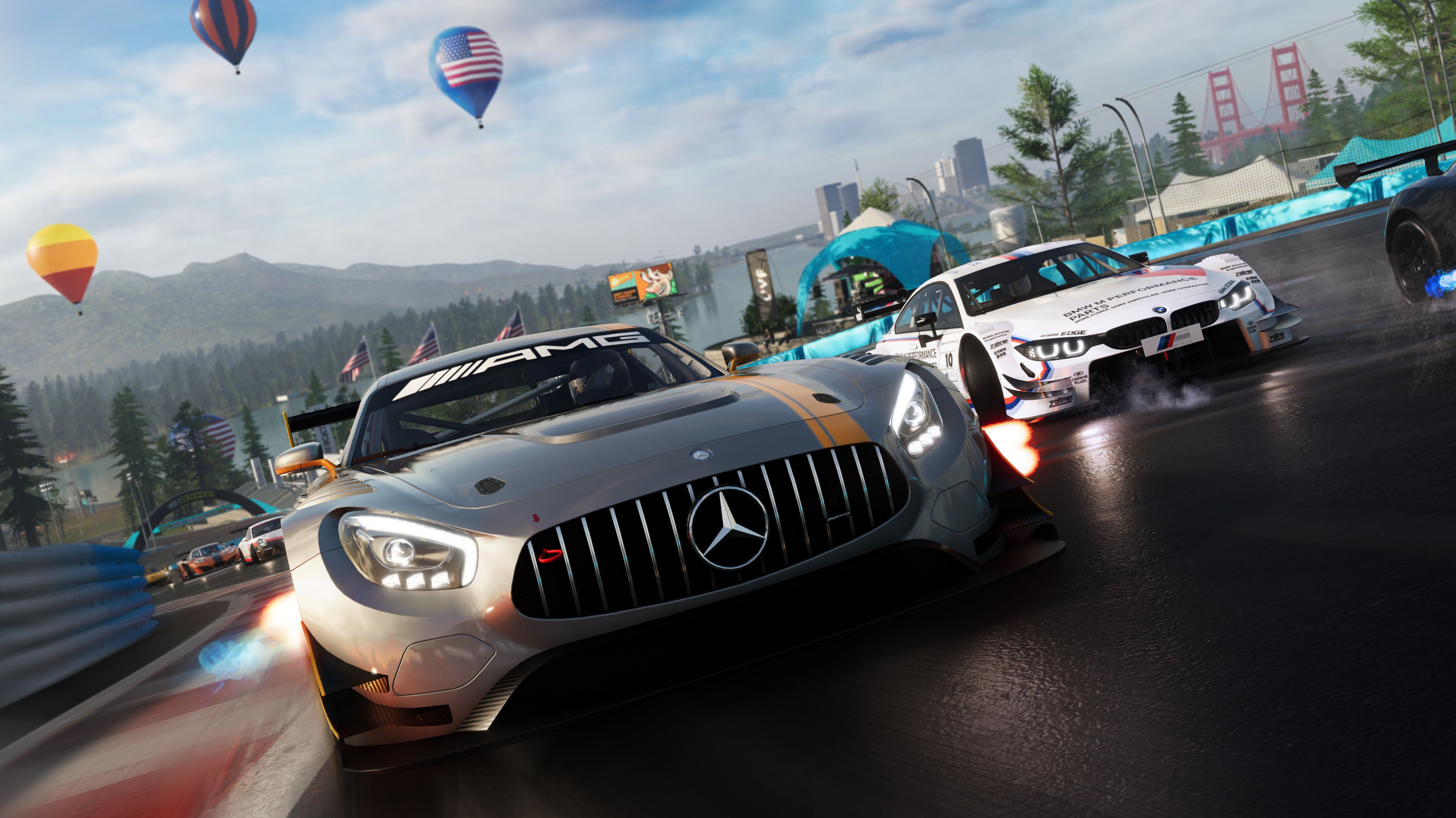General 3842x2160 The Crew 2 video games The Crew Mercedes-Benz Mercedes-AMG GT BMW German cars Ubisoft frontal view headlights driving racing sky clouds hot air balloons video game art vehicle trees logo helmet mountains race tracks