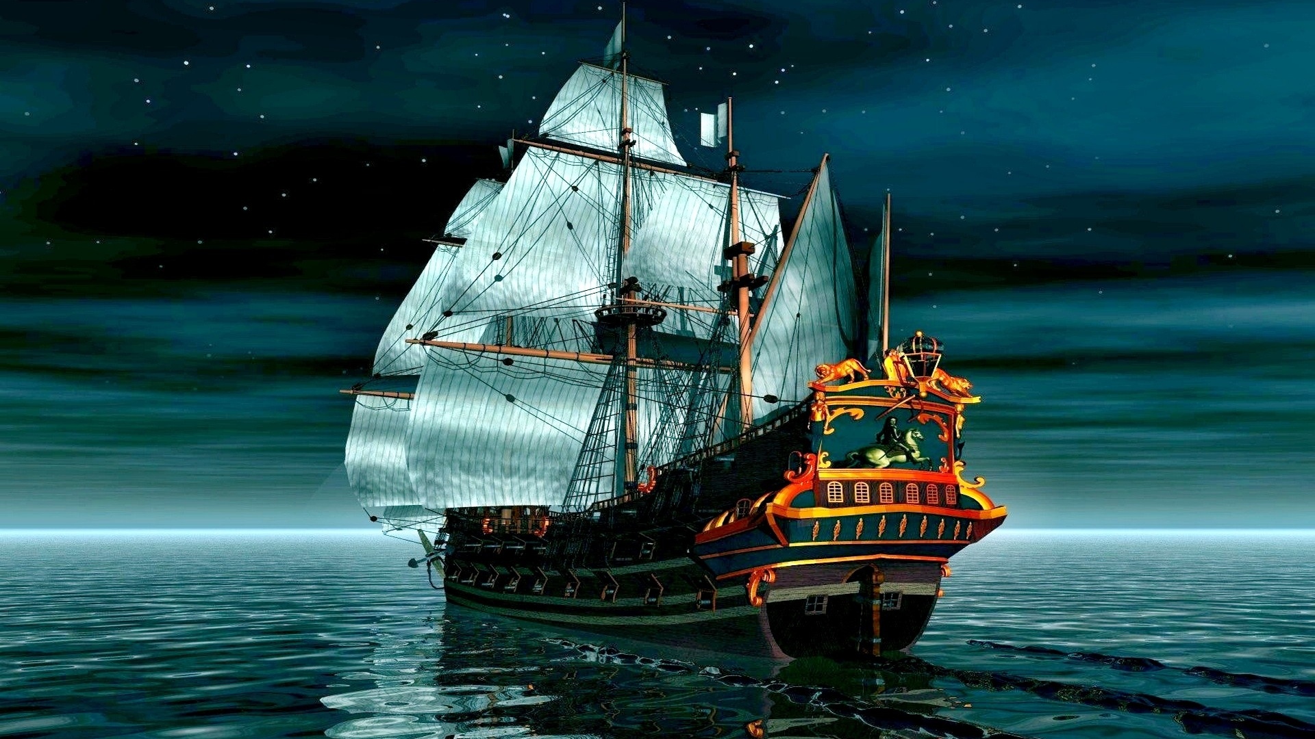 General 1920x1080 sailing ship sea moon rays night digital art