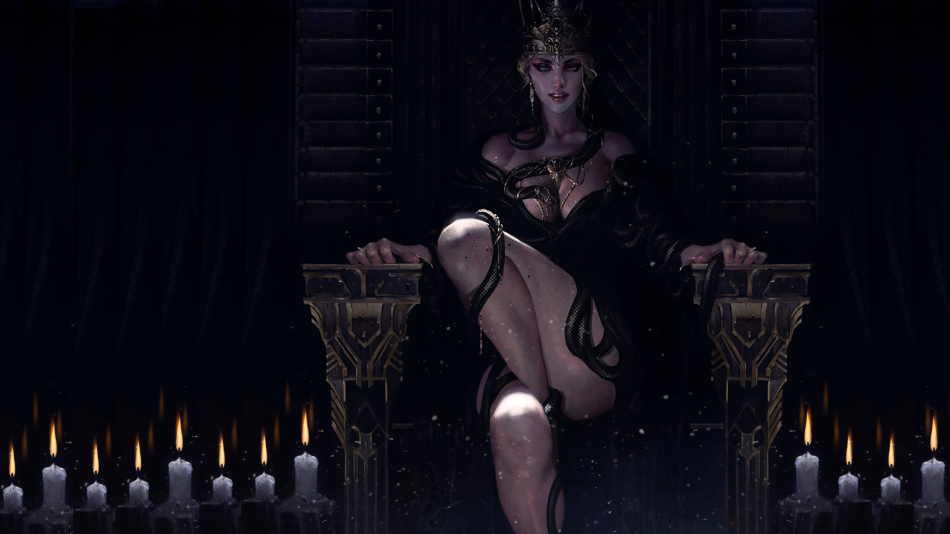 General 3840x2160 fantasy art snake cleavage Archeage digital art women candles throne crown
