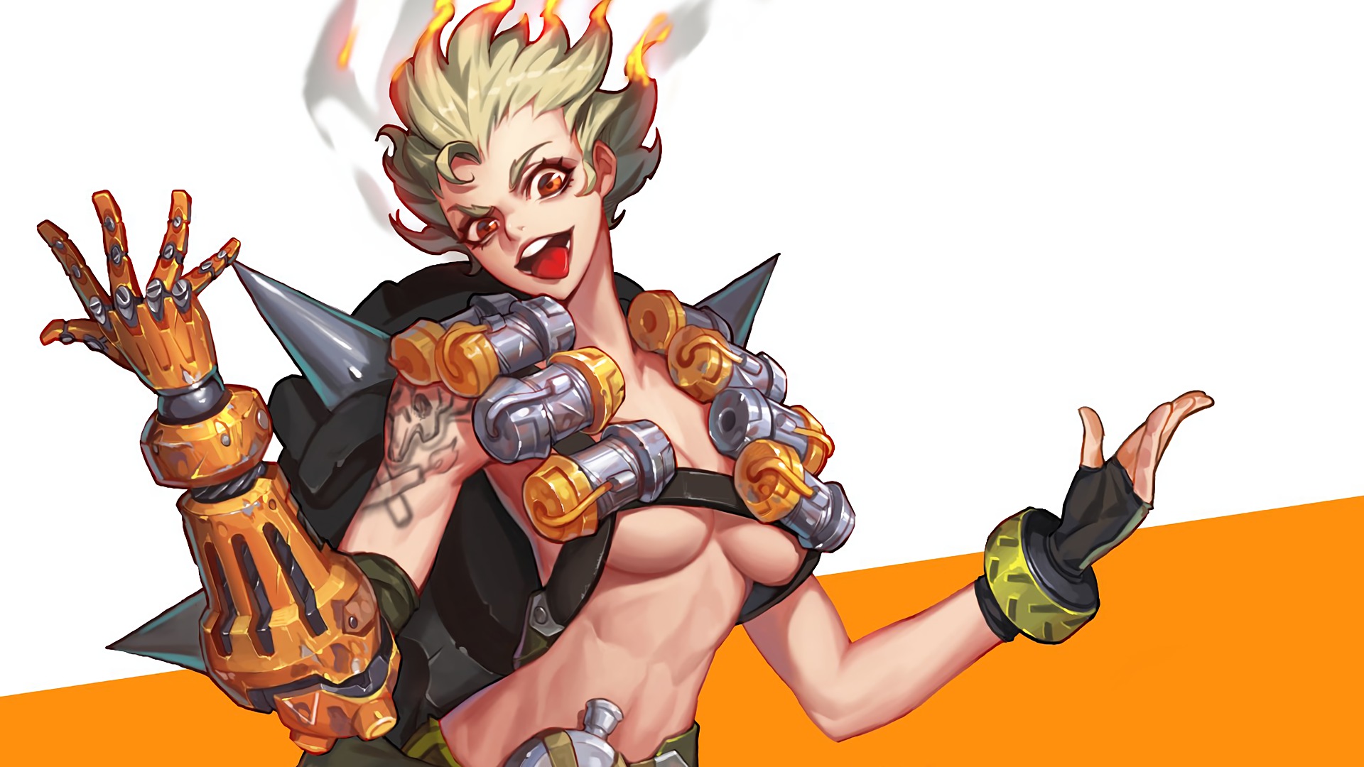 General 1920x1080 Overwatch women genderswap Junkrat (Overwatch) PC gaming open mouth tongues tongue out boobs slim body gray background simple background video game girls video game characters red eyes Skull Tattoo inked girls