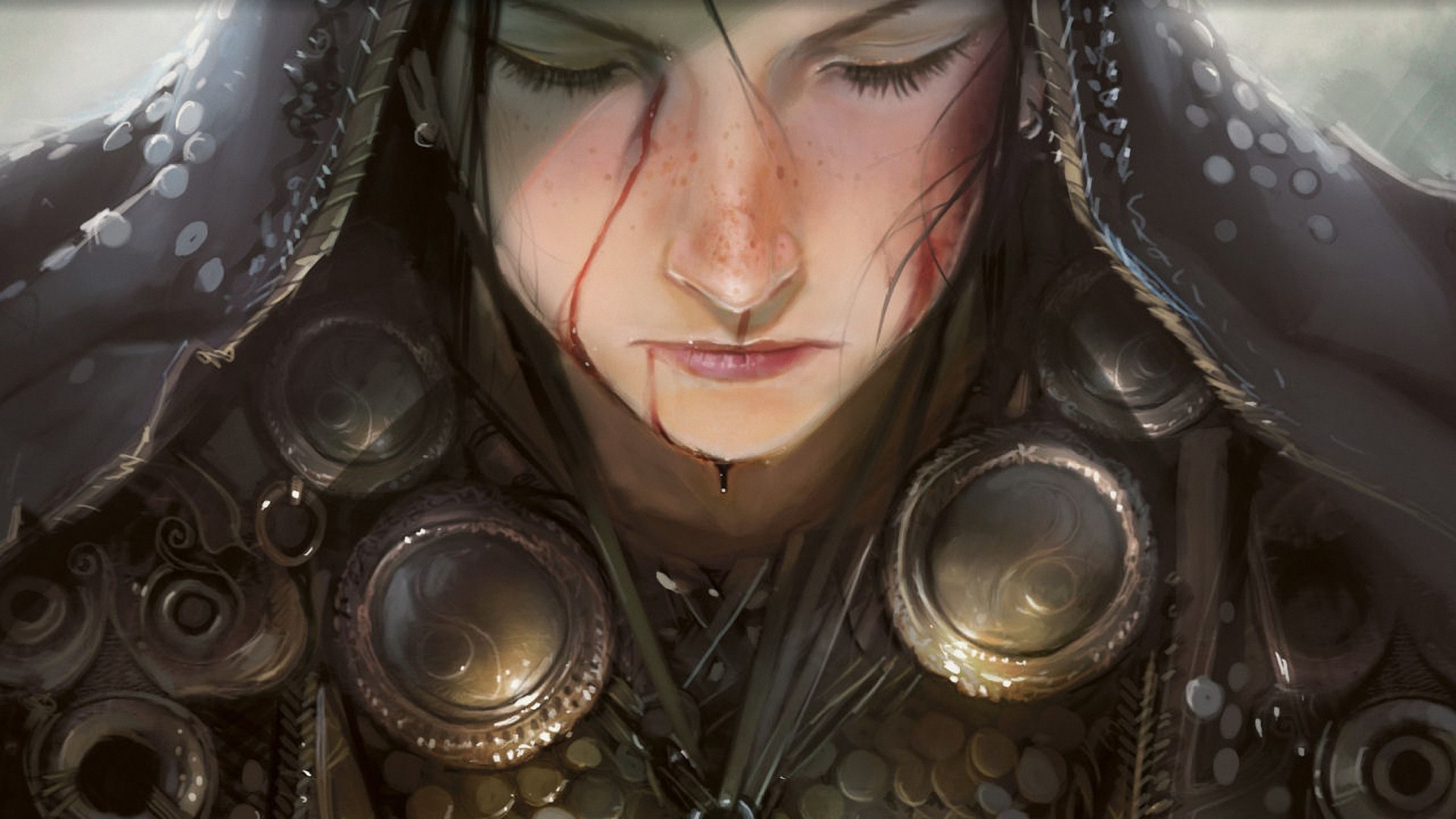 General 1920x1080 Magic: The Gathering fantasy girl face closed eyes warrior blood fantasy art