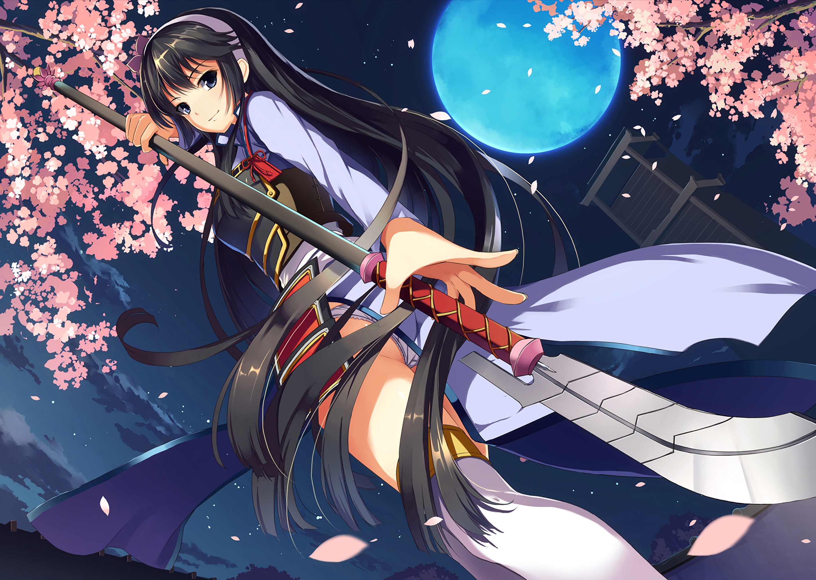 Anime 2816x2000 anime anime girls black hair clouds long hair Moon night ribbon sky underwear weapon stockings