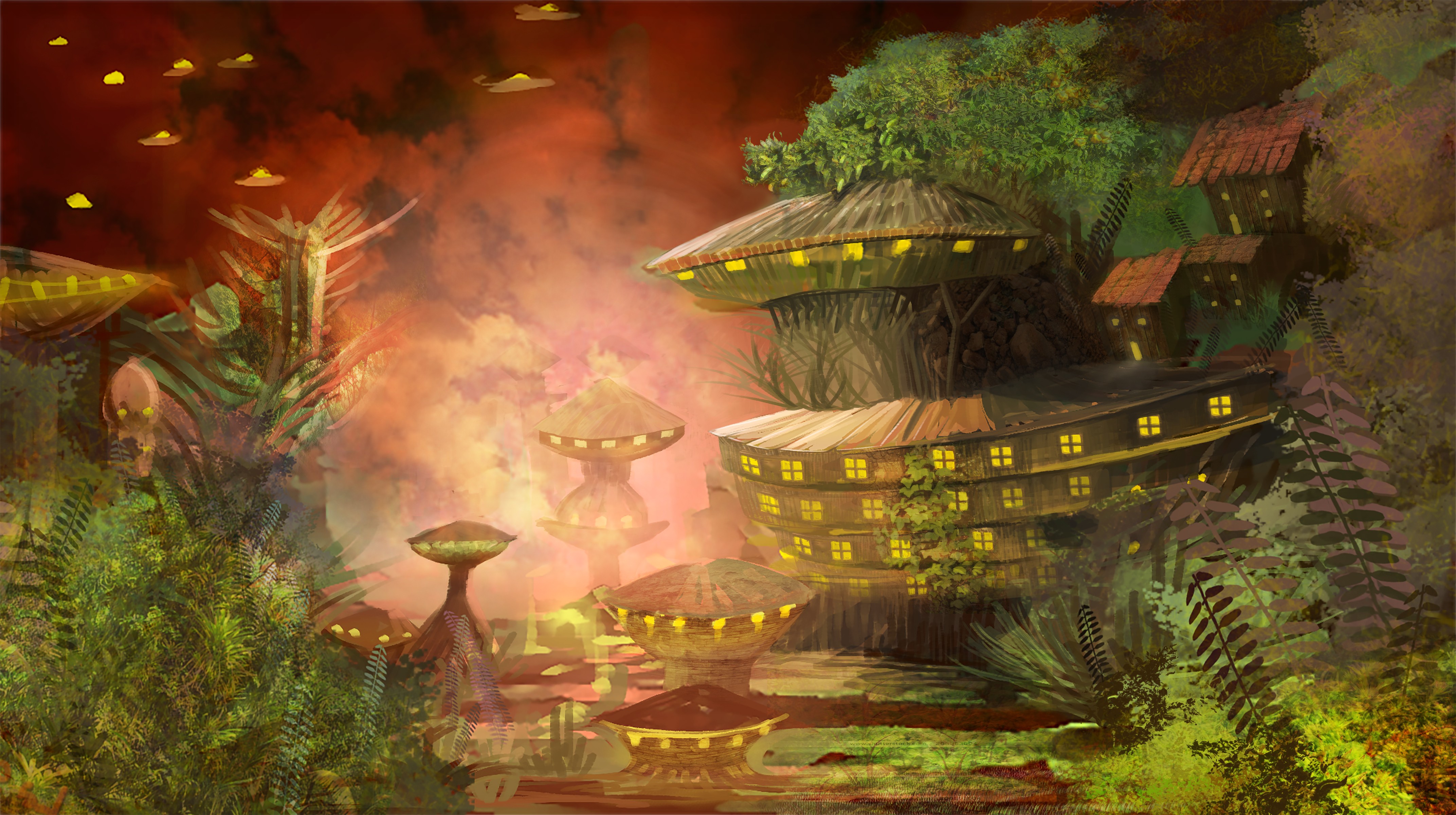 General 4288x2400 digital art fantasy art painting futuristic futuristic city village aliens trees nature