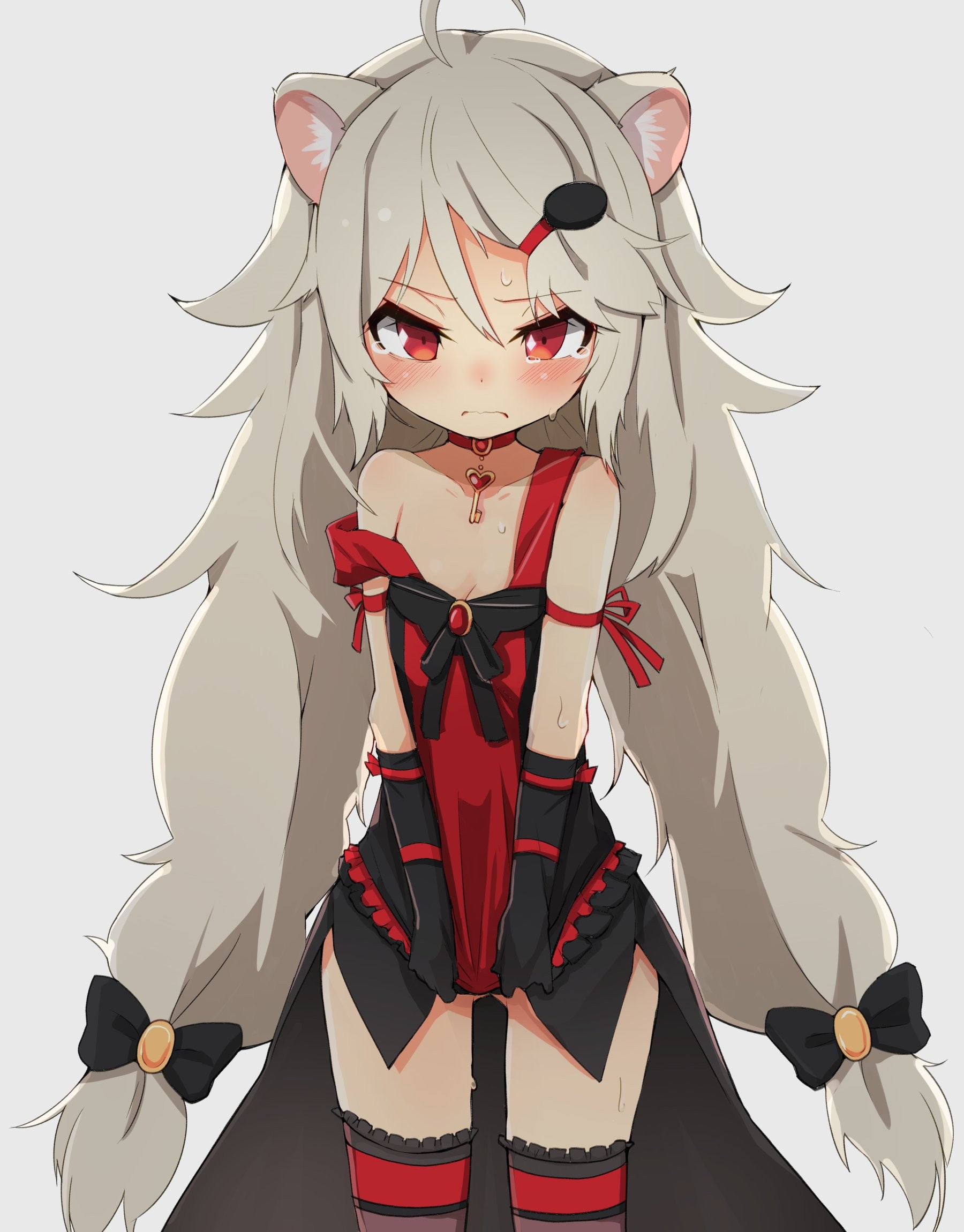 Anime 1800x2300 anime anime girls Show By Rock!! animal ears cleavage dress long hair gray hair red eyes stockings thigh-highs loli embarrassed blushing tears nopan pulling clothing
