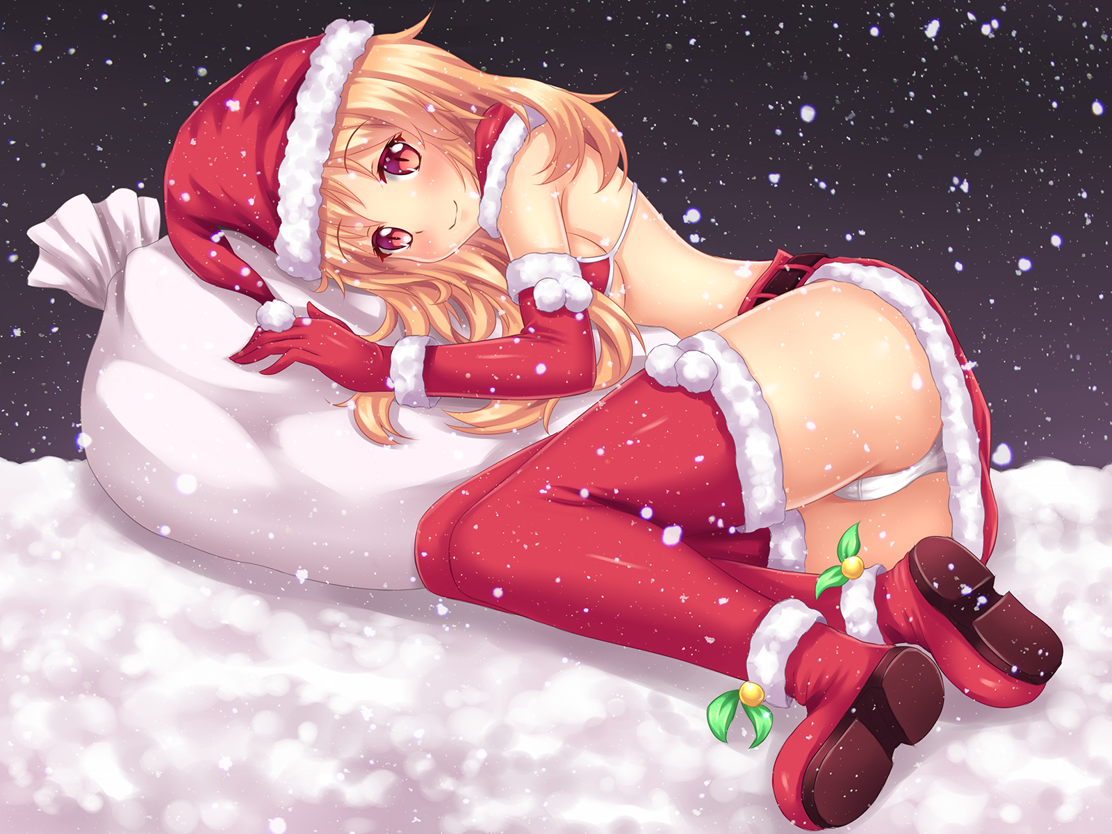 Anime 1600x1200 anime anime girls Tiffy snow underwear stockings long hair blonde red eyes Santa girl fast-runner-2024 panties thigh-highs