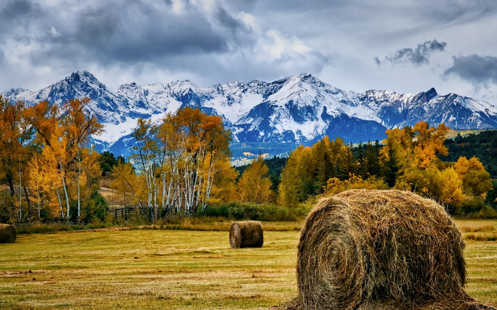 General 1680x1050 field nature mountains landscape trees hay bales fall