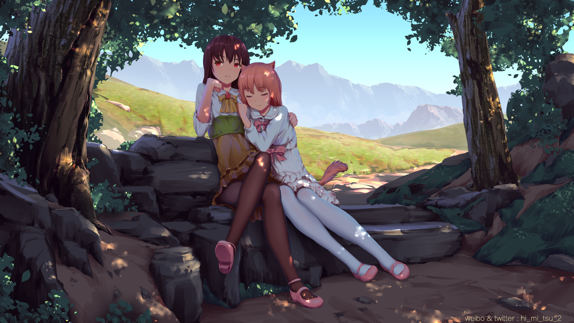 Anime 1920x1080 anime anime girls original characters forest mountains sky short hair black pantyhose pantyhose red eyes closed eyes dress animal ears cat ears tail cat tail sitting smiling yuri
