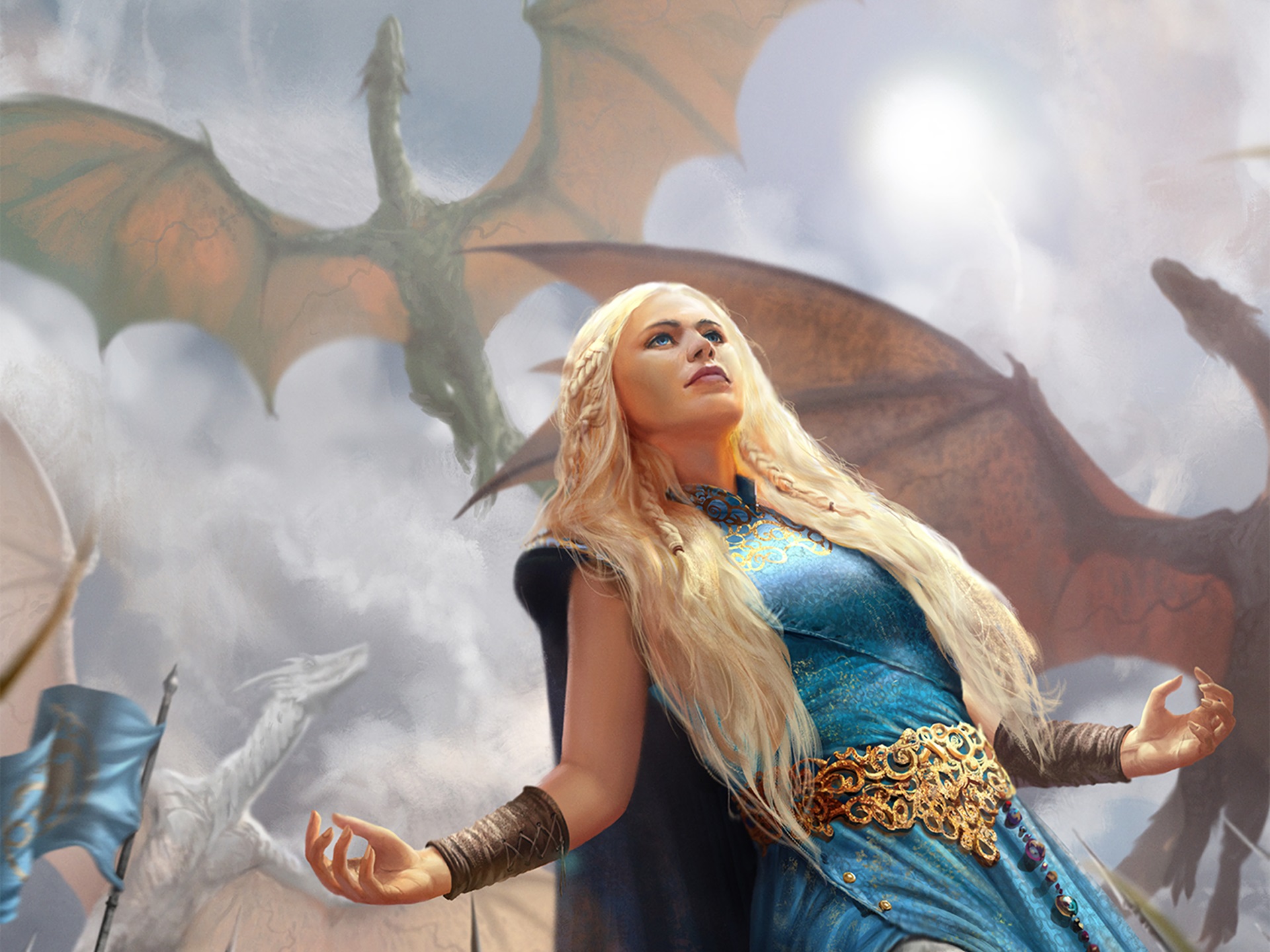 General 1920x1440 Game of Thrones Daenerys Targaryen women blonde artwork fantasy art dragon long hair dress blue dress braids blue eyes TV series digital art