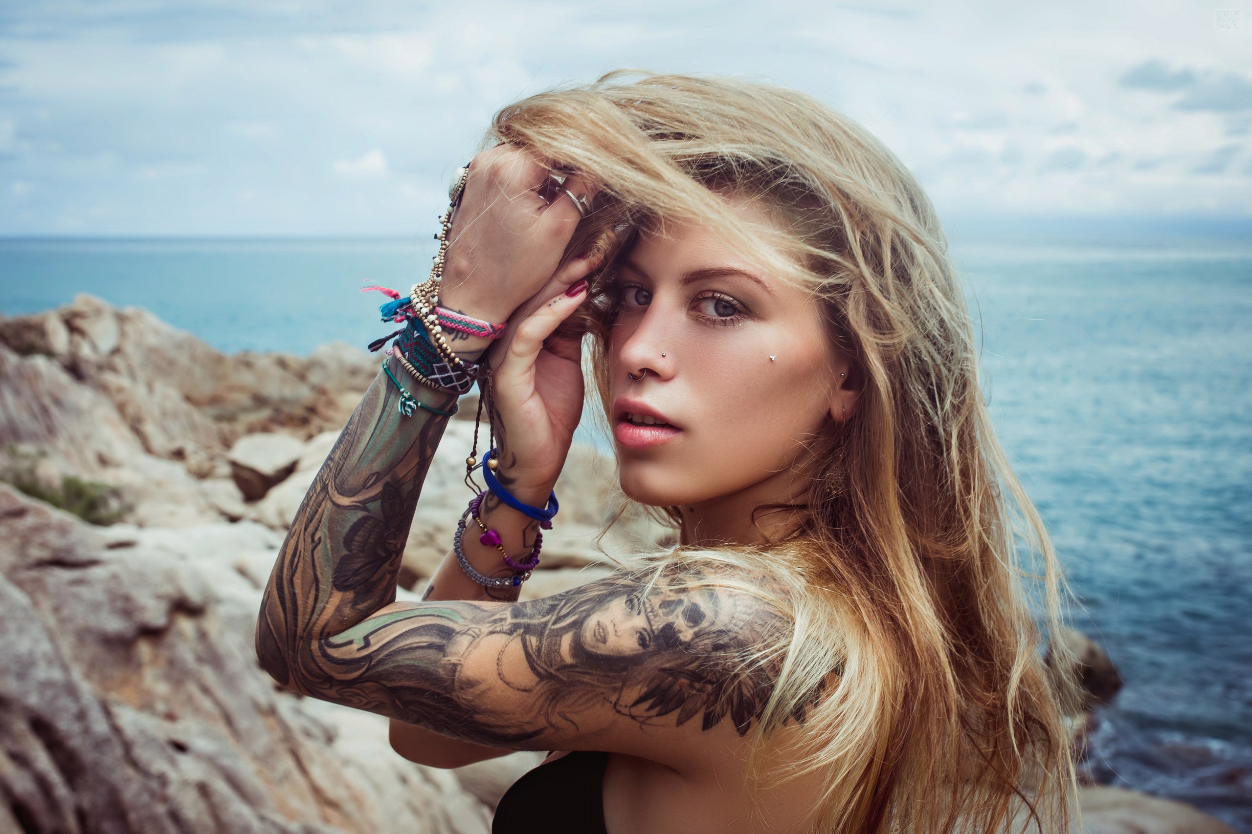 People 2560x1707 women blonde nose ring pierced nose bikini top tattoo sea painted nails women outdoors tanned Alice Sudos closeup
