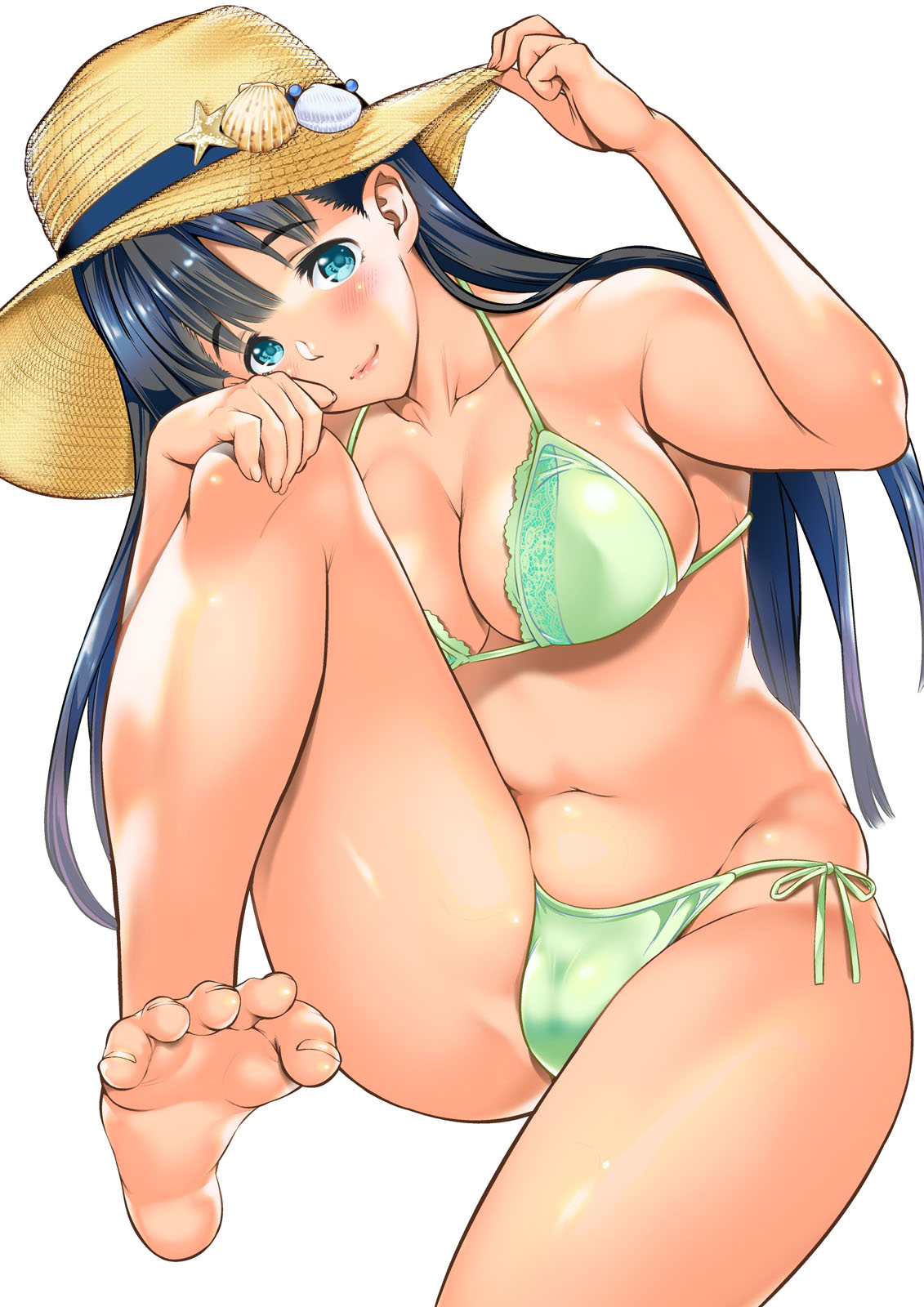 Anime 1131x1600 original characters bikini cleavage straw hat green bikini green eyes dark blue hair belly white background