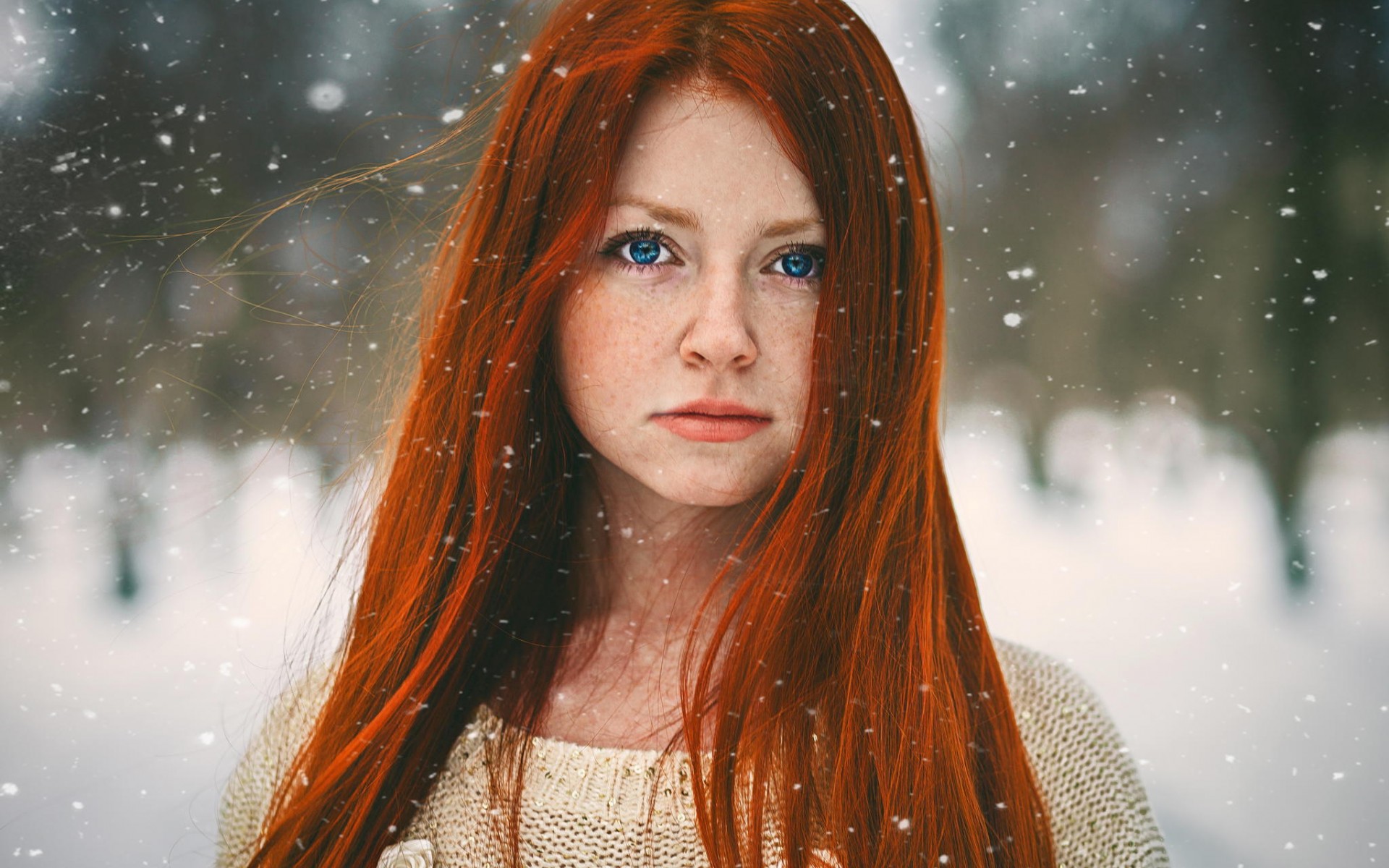 People 1920x1200 women redhead blue eyes snow closeup