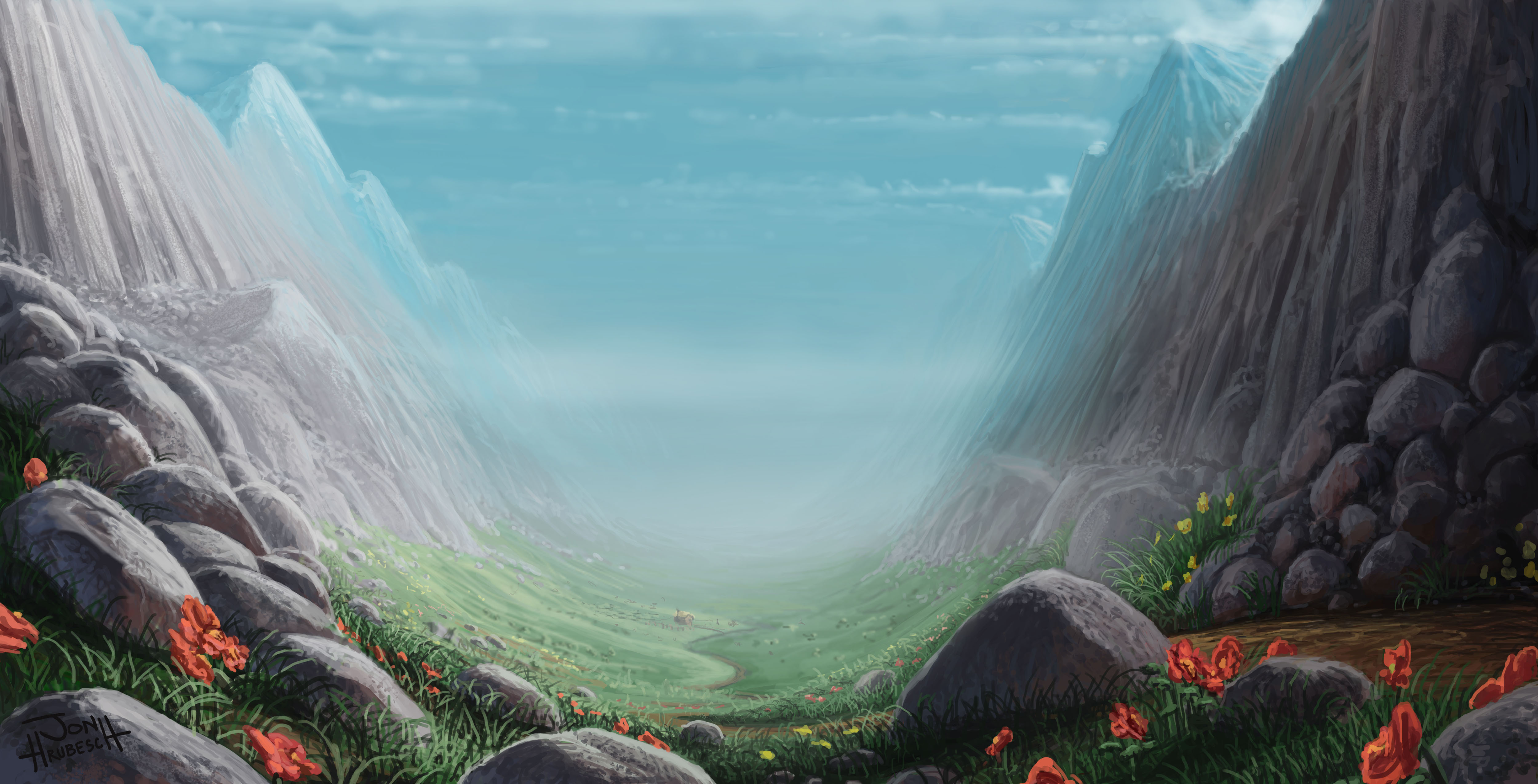 General 5000x2550 artwork mountains landscape red flowers valley