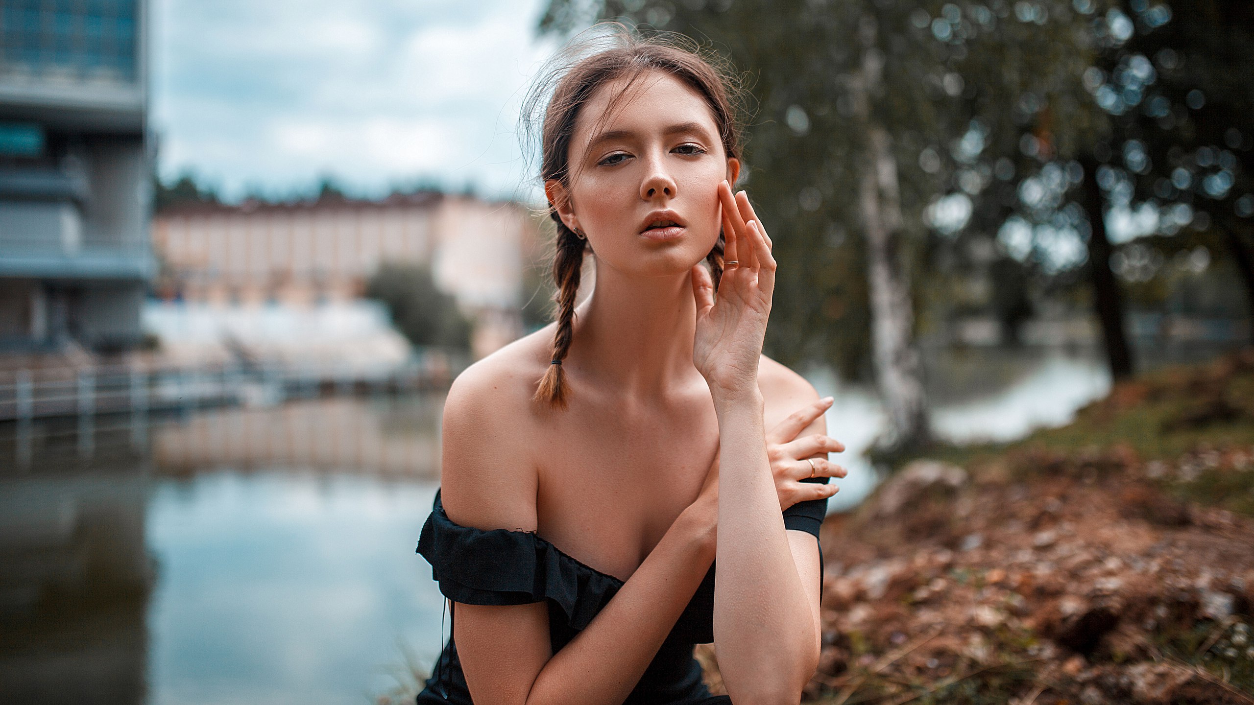 People 2560x1440 women portrait river women outdoors dress brunette depth of field twintails Disha Shemetova bokeh