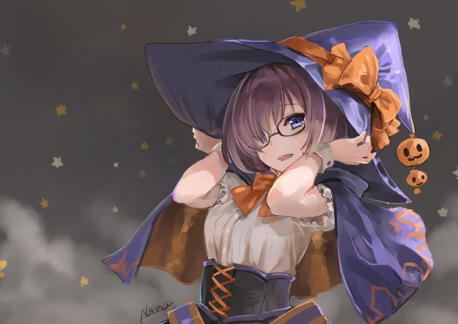 Anime 1500x1061 Halloween witch hat hat witch pumpkin Fate/Grand Order Fate series Mash Kyrielight anime girls glasses