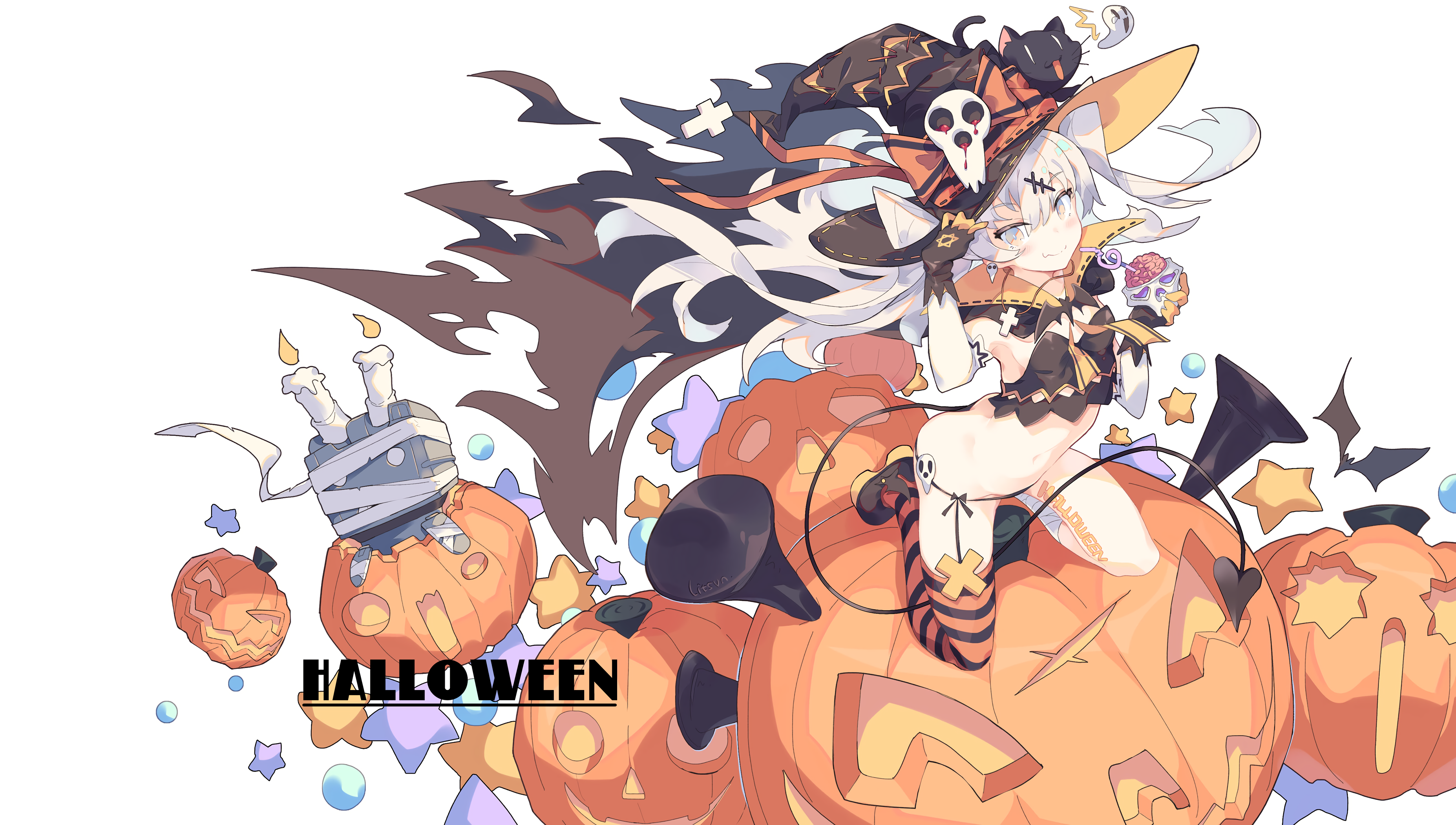 Anime 3709x2103 Halloween witch hat hat pumpkin white background simple background animals anthropomorphism bandages cats elbow gloves gloves litsvn long hair Rensouhou-chan thigh-highs white hair Amatsukaze (Kancolle) Kantai Collection
