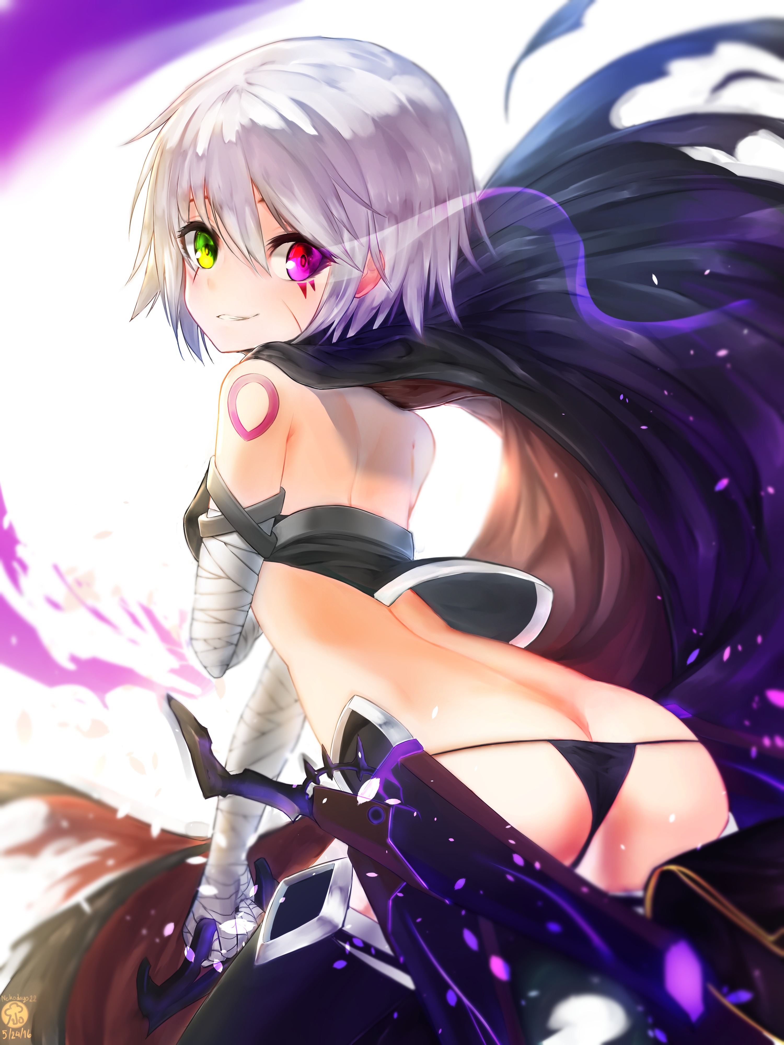 Anime 3000x4000 anime girls Fate/Apocrypha  Assassin of Black ass heterochromia short hair Fate series Jack the Ripper (Fate/Apocrypha) loli rear view shoulder length hair looking over shoulder Pixiv anime