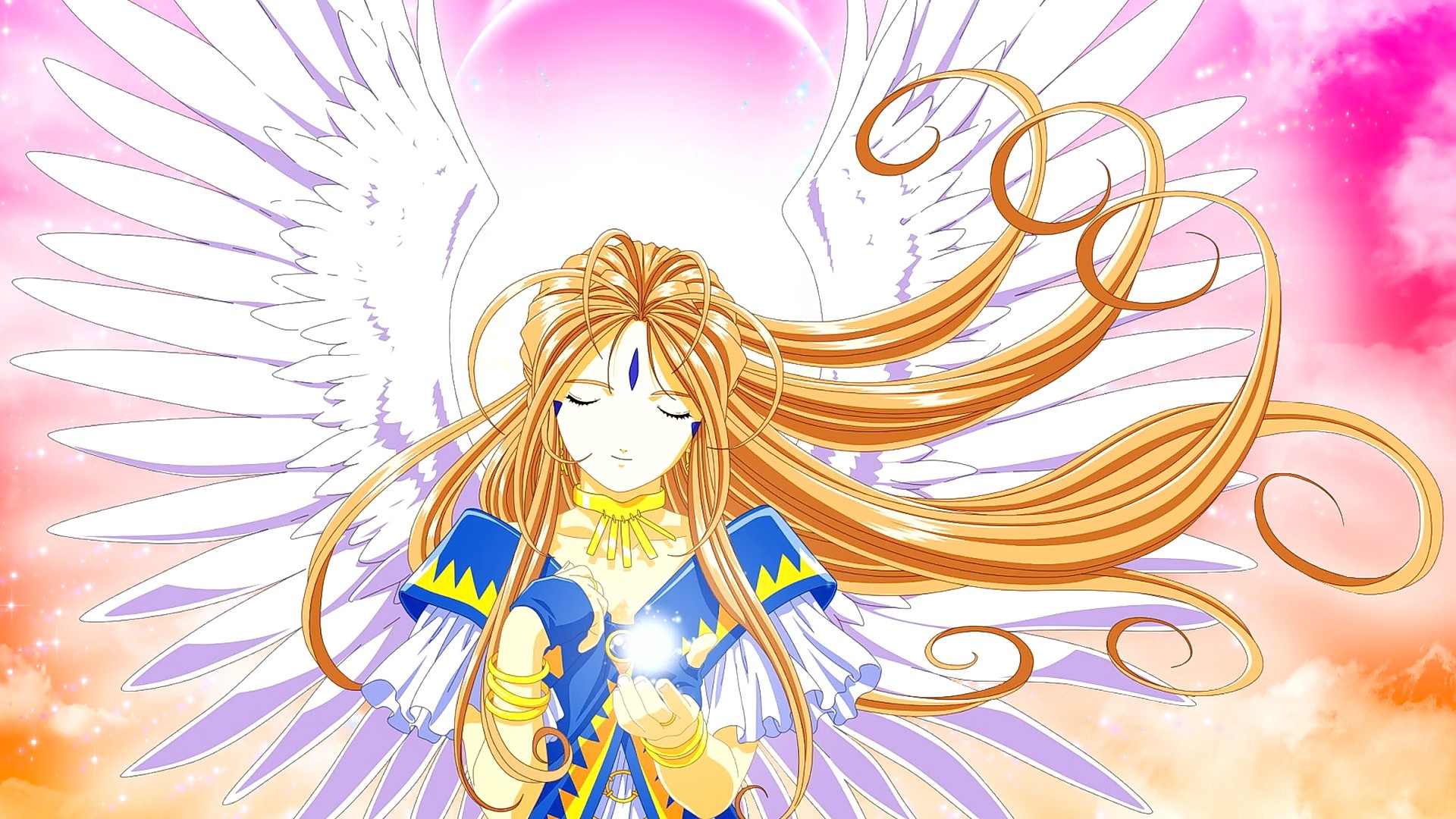 Anime 1920x1080 anime anime girls long hair blonde closed eyes wings smiling Ah! My Goddess! Belldandy fantasy art fantasy girl