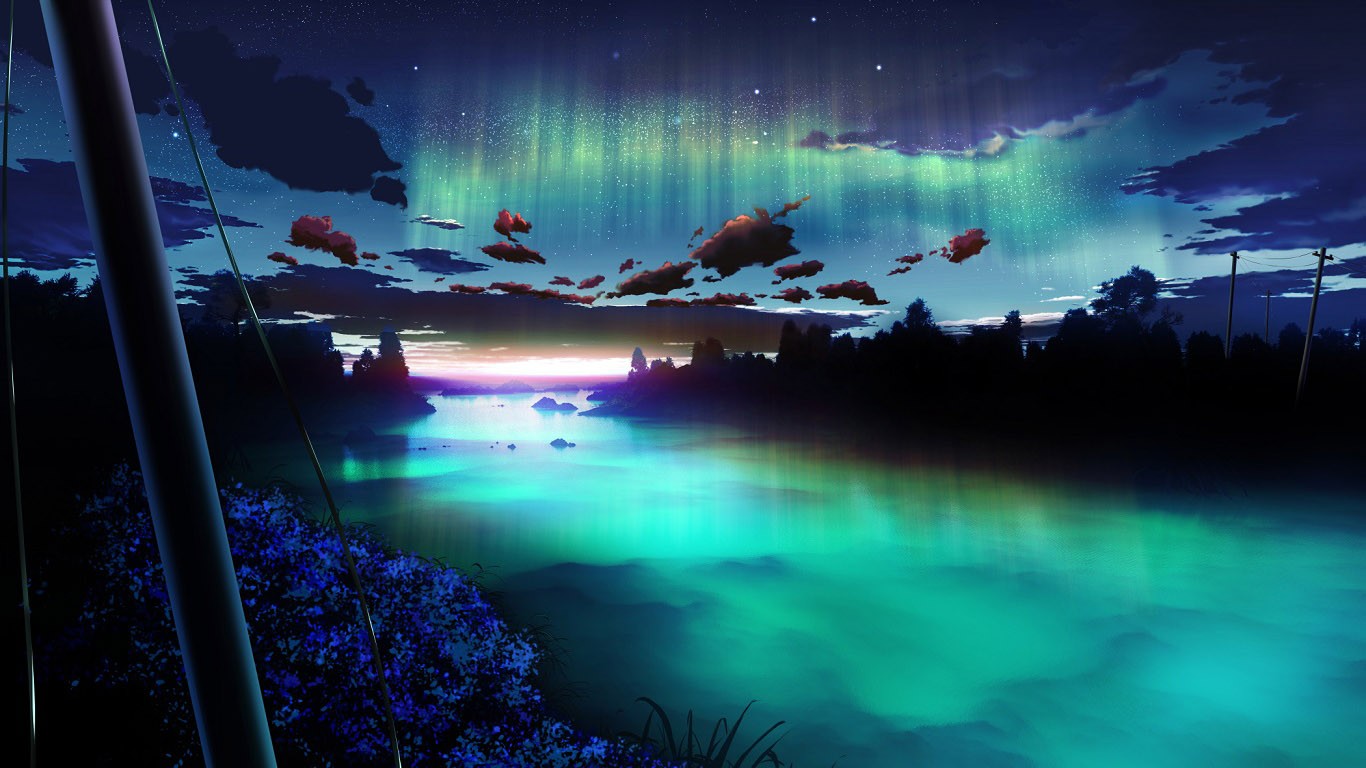 General 1366x768 digital art landscape sky turquoise blue anime night aurorae nature water Pixiv cyan
