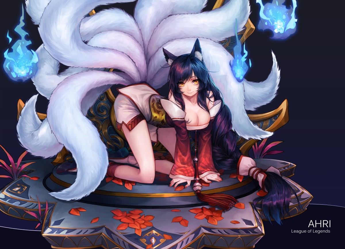 Anime 1200x865 League of Legends Ahri (League of Legends) fox girl tail nine tails cleavage PC gaming boobs video games video game girls video game characters animal ears long hair bent over yellow eyes looking at viewer dark hair