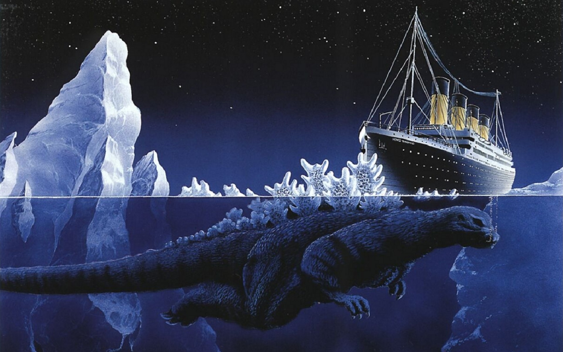 General 1920x1200 Titanic sea Godzilla iceberg creature cruise ship ship vehicle artwork digital art
