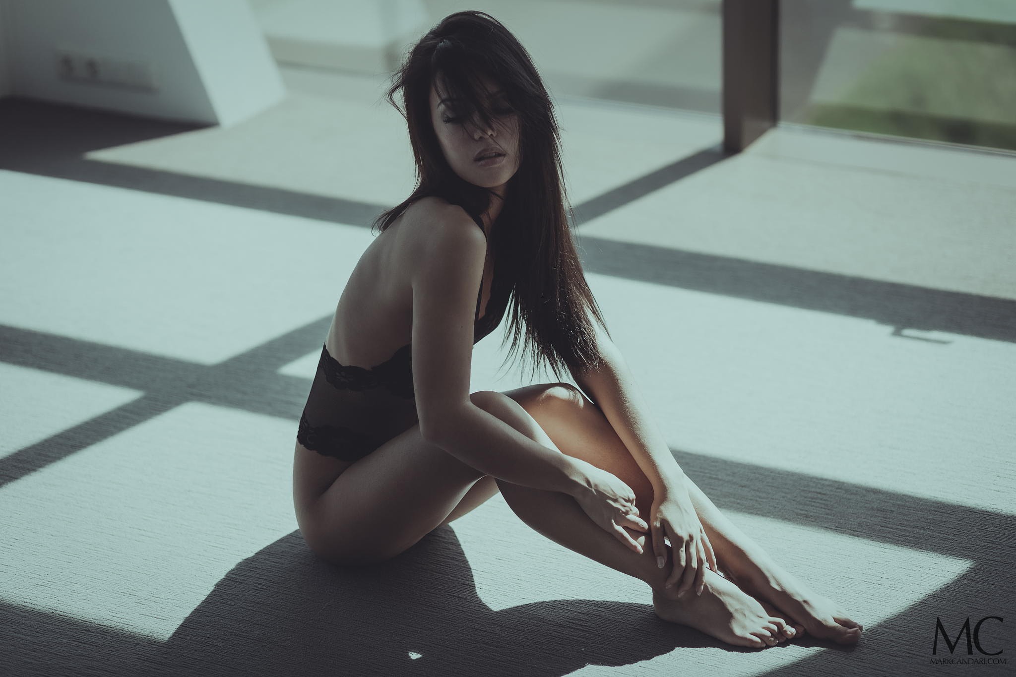 People 2048x1365 Mark Candari women model brunette legs feet sitting on the floor lingerie black lingerie corset bare shoulders barefoot long hair closed eyes hand on leg hair in face parted lips partially clothed women indoors indoors bottomless