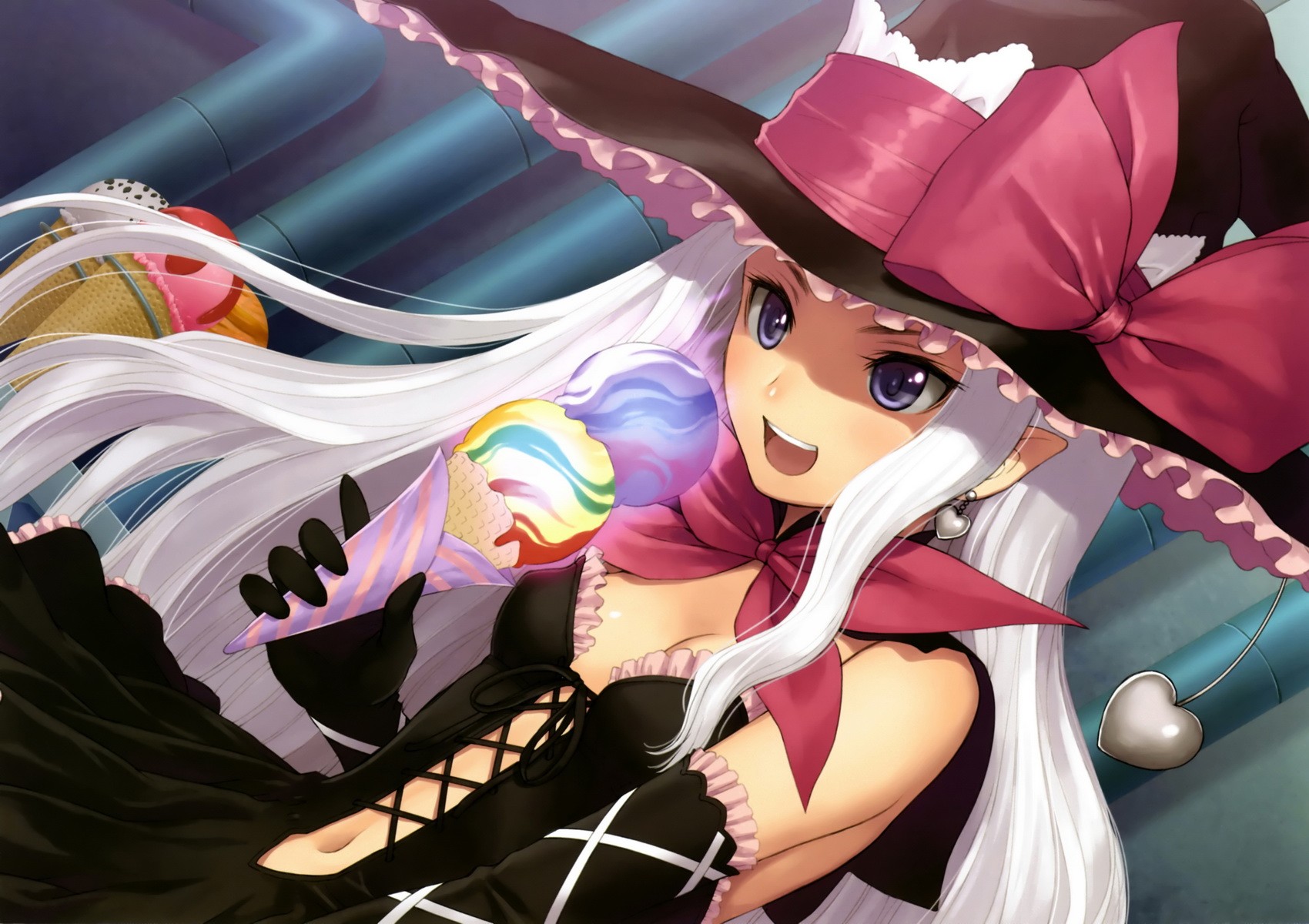Anime 1700x1200 anime witch witch hat Tony Taka Shining Heart anime girls hat open mouth food sweets ice cream long hair women with hats white hair pointy ears fantasy girl