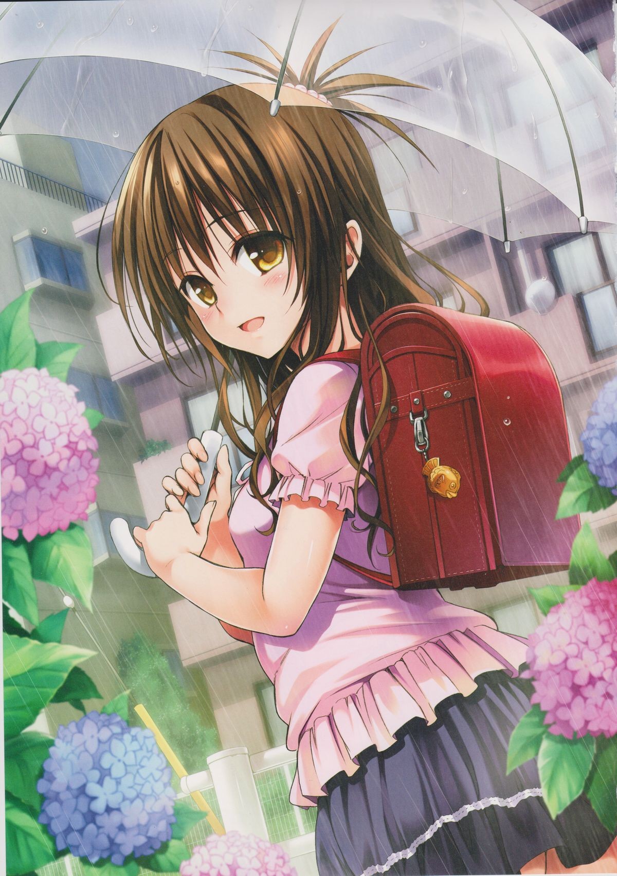 Anime 1200x1705 To Love-ru Yuuki Mikan anime anime girls brunette brown eyes rain umbrella flowers loli Yabuki Kentarou backpacks women with umbrella skirt