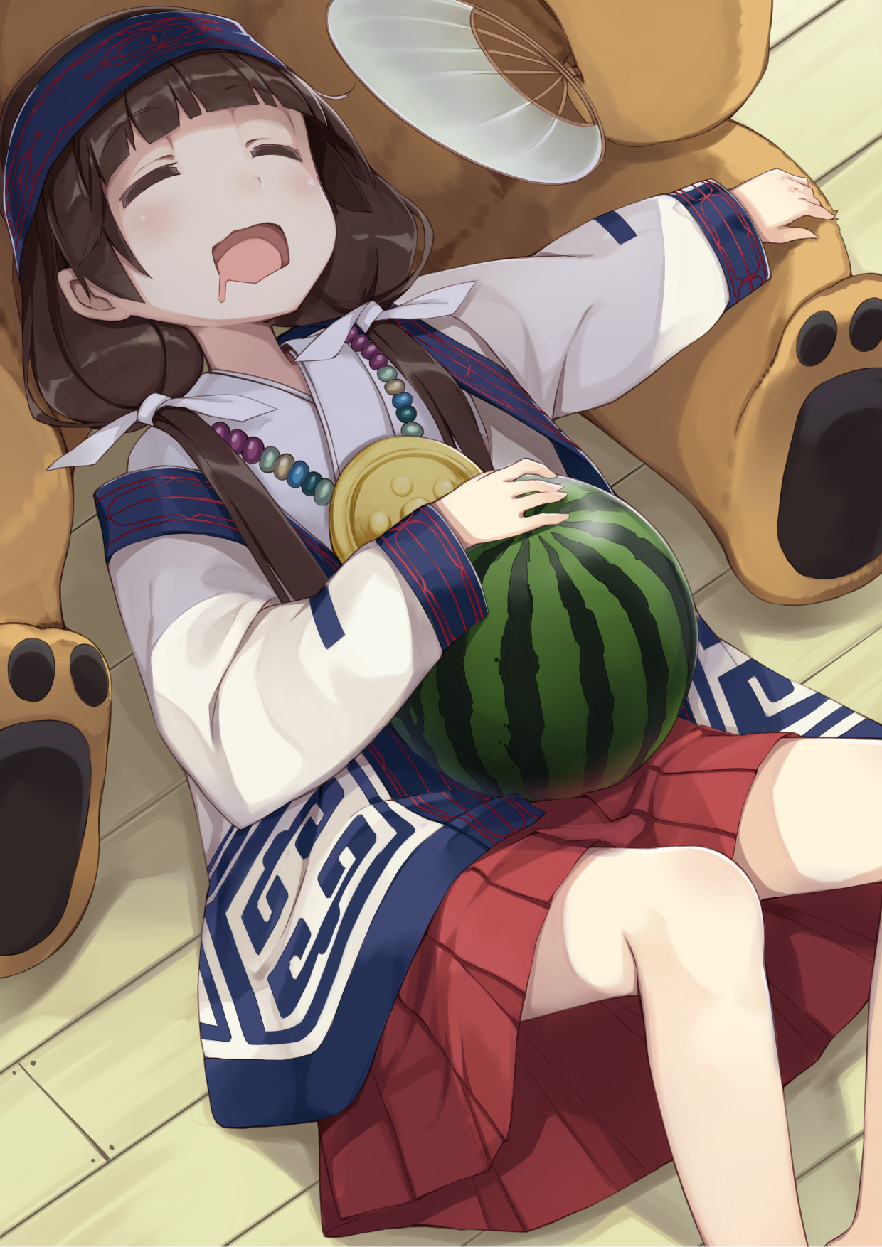 Anime 1240x1754 anime anime girls artwork Kuma Miko Machi Amayadori food fruit watermelons skirt open mouth brunette closed eyes