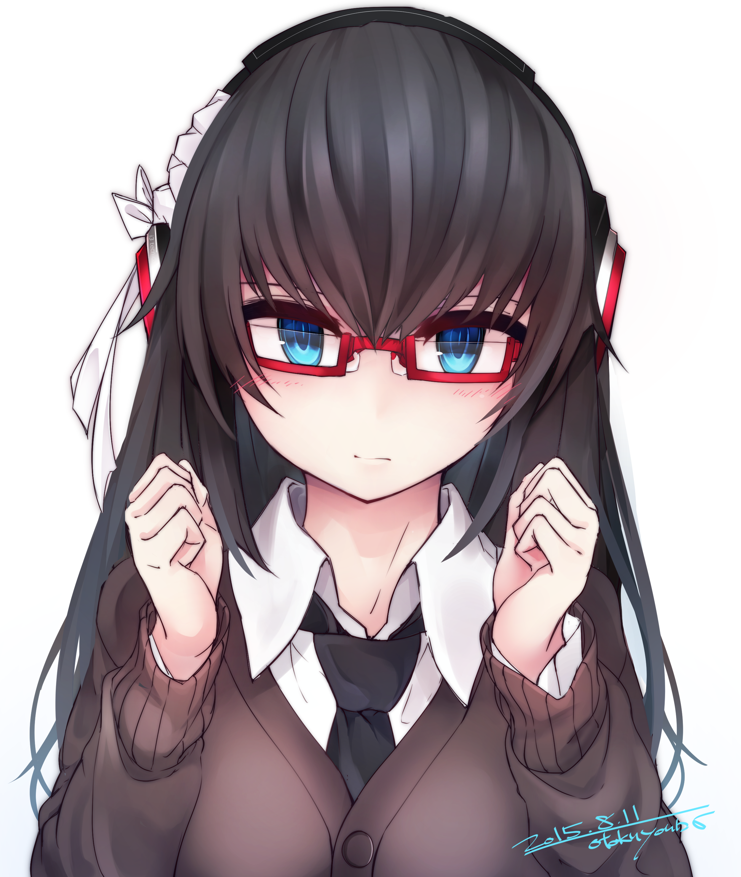 Anime 2500x2960 anime anime girls long hair glasses Pixiv blue eyes women with glasses tie brunette white background watermarked 2015 (Year) looking at viewer