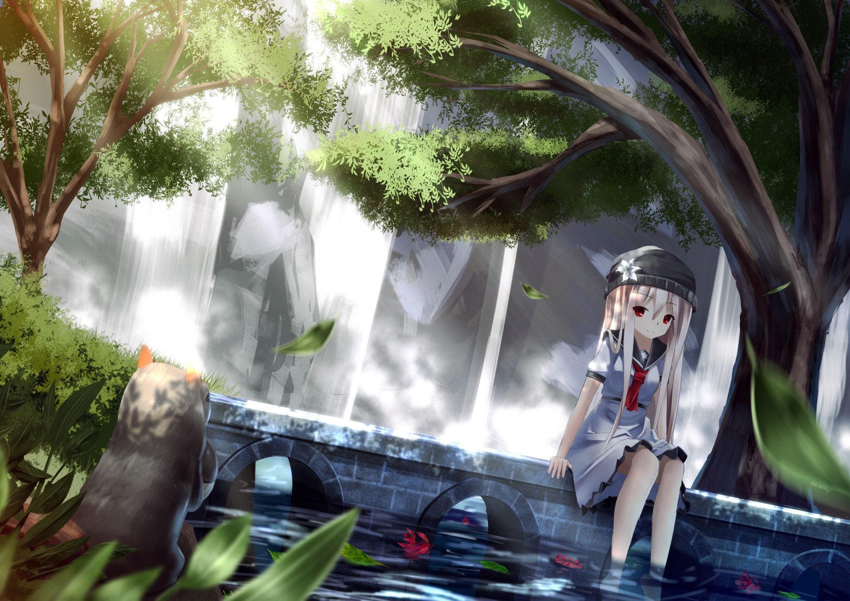 Anime 1684x1190 manga anime girls anime red eyes water trees hat women with hats sitting women outdoors
