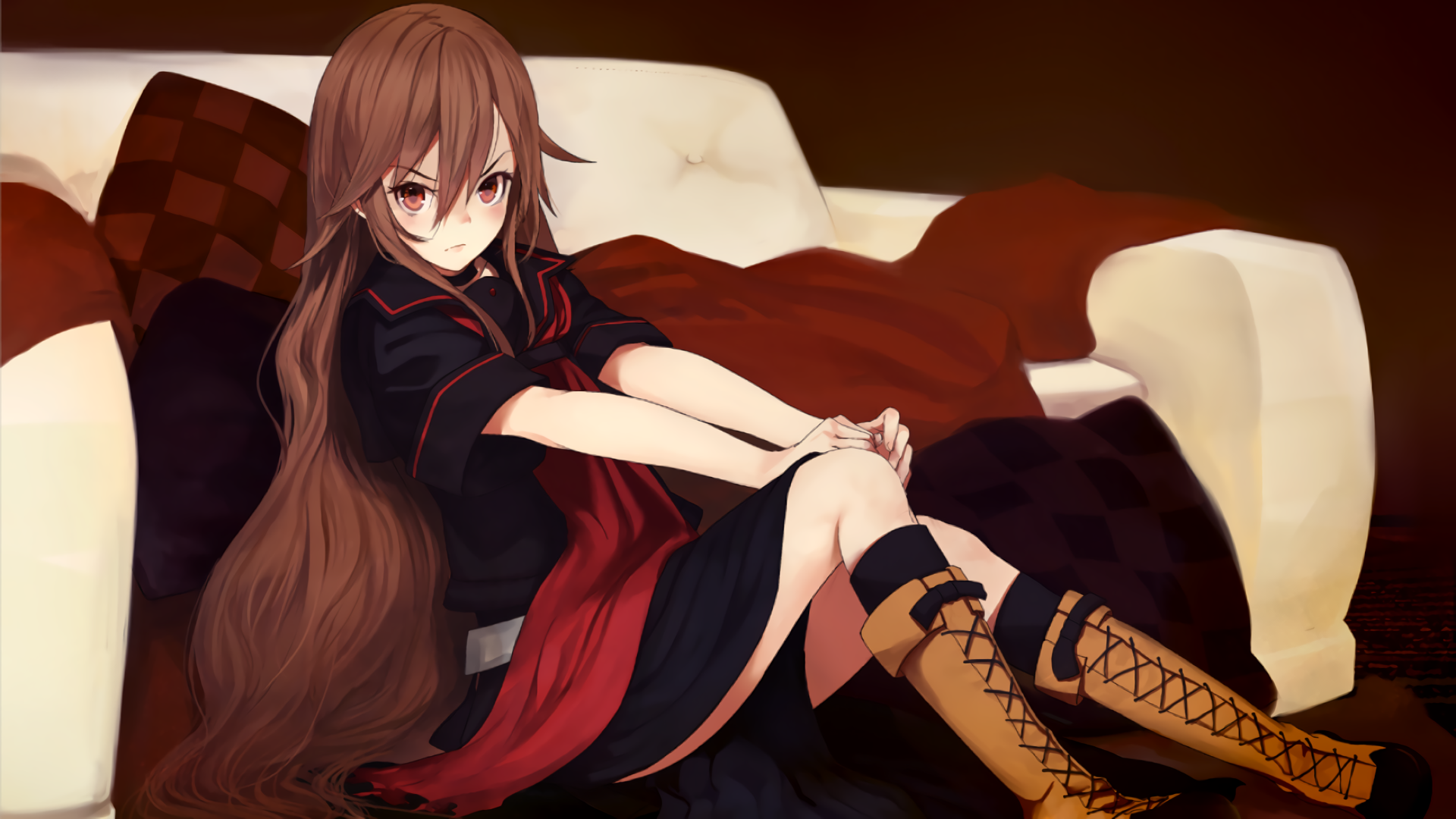 Anime 1920x1080 manga anime girls brunette red eyes long hair Ookami-san to Shichinin no Nakama-tachi Ookami Ryouko legs angry hair in face looking at viewer boots sitting white couch couch anime