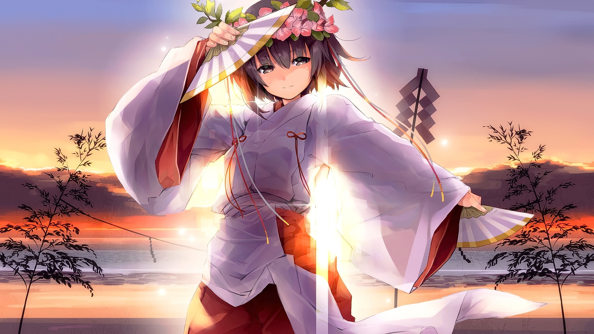 Anime 1920x1080 anime anime girls brunette gray eyes Japanese clothes landscape water sky clouds smiling looking at viewer flower crown fantasy art fantasy girl fans shoulder length hair sunlight women outdoors traditional clothing