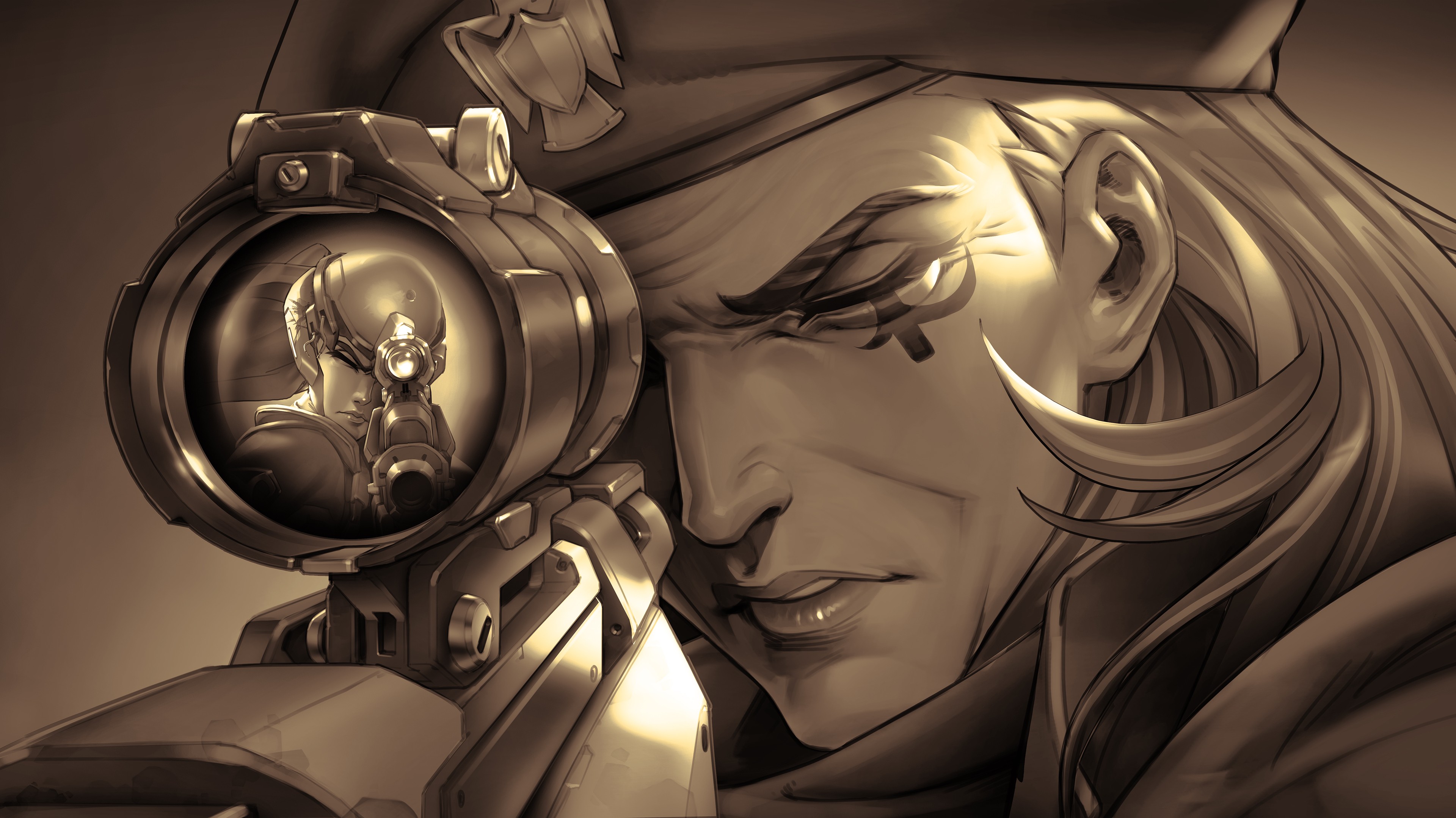 General 3840x2160 Overwatch Ana Amari (Overwatch) Widowmaker (Overwatch) video game characters tattoo face closeup sniper rifle women old chair one eye closed sepia hat snipers telescopic sight