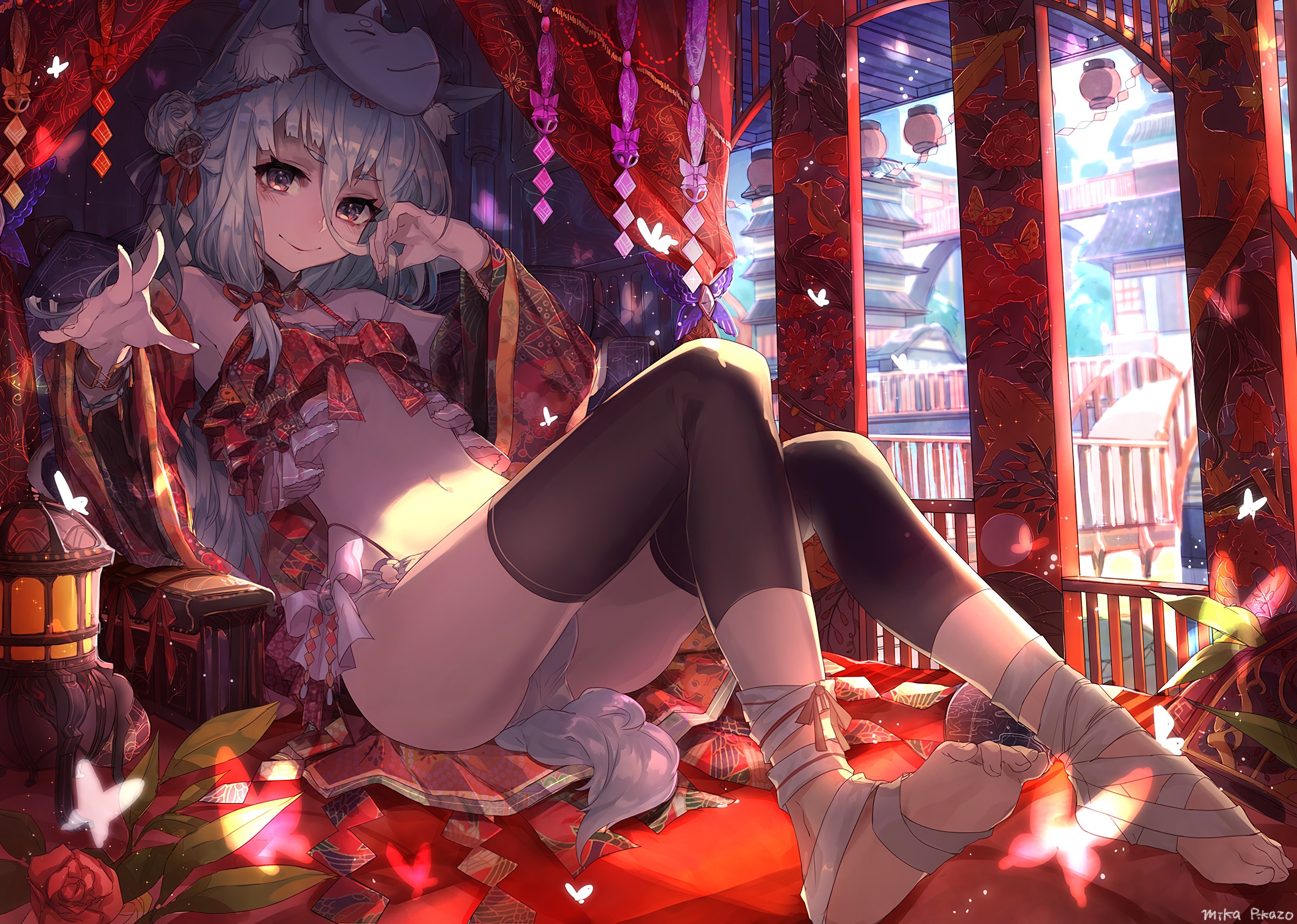 Anime 3158x2250 anime anime girls thigh-highs blue hair long hair smiling looking at viewer butterfly feet Japanese clothes bare midriff animal ears flowers red flowers hair ornament panties pillar Asian architecture
