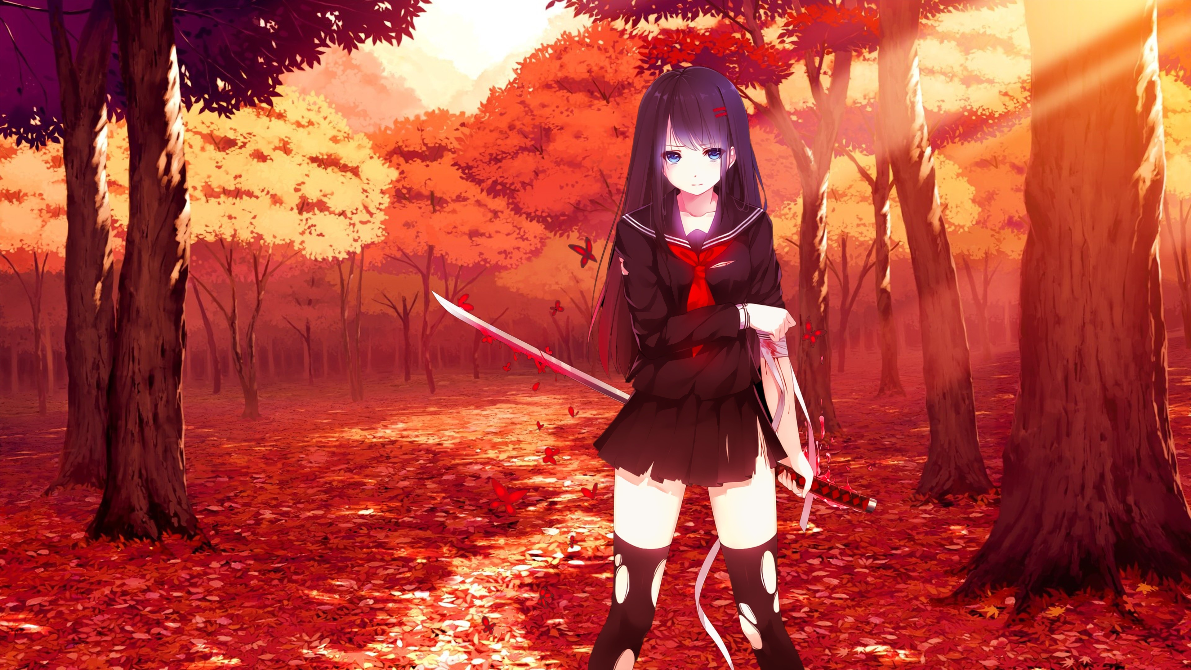 Anime 3840x2160 anime anime girls purple hair katana sword forest torn clothes miniskirt blue eyes red