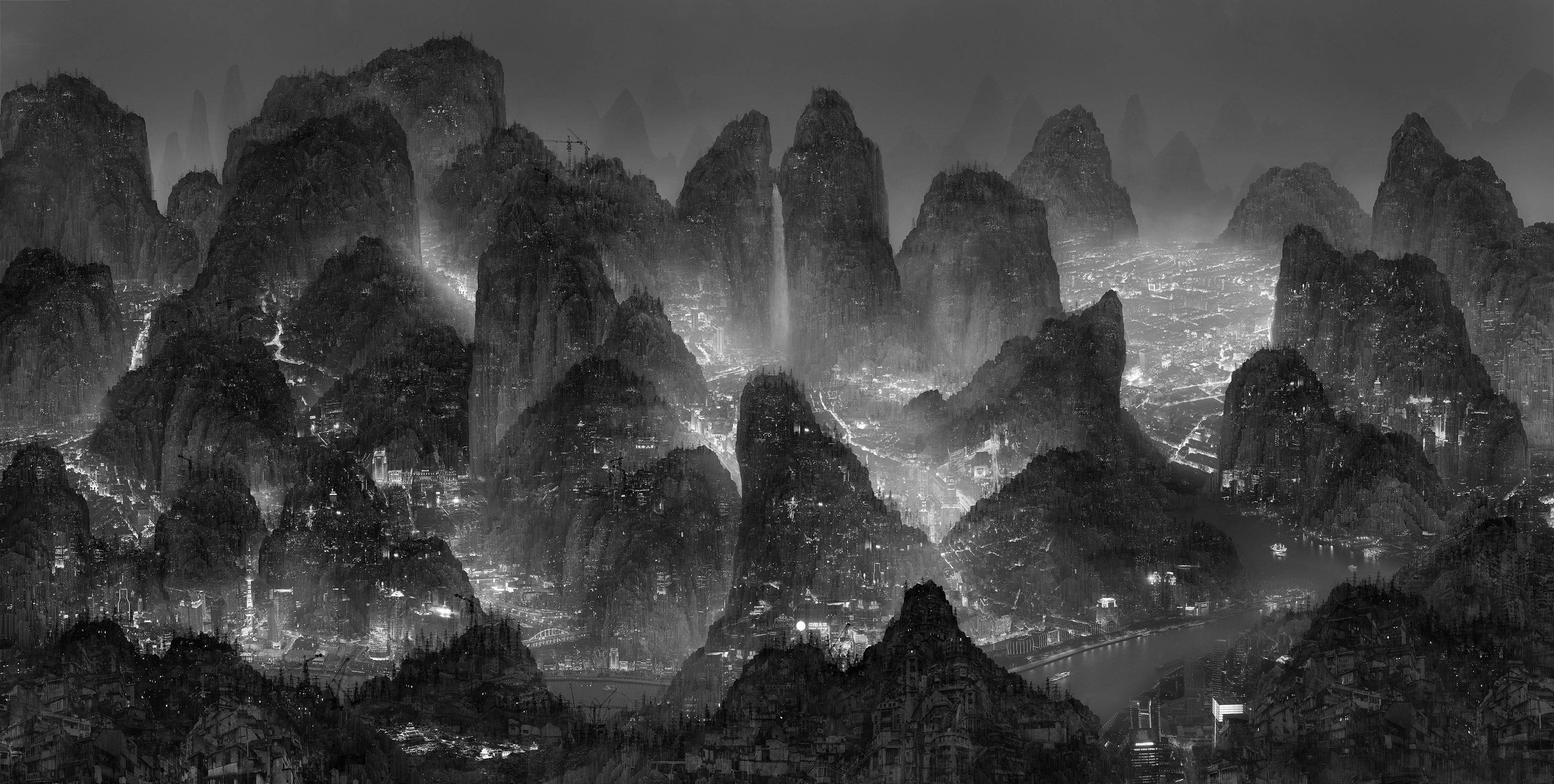 General 3394x1713 mountains lights waterfall