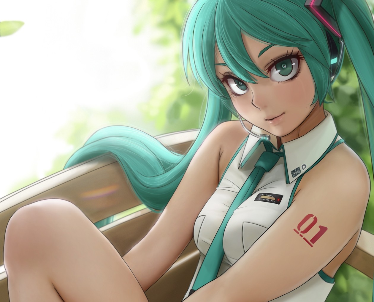 Anime 1260x1020 Vocaloid necktie anime girls Hatsune Miku looking at viewer long hair Novcel closed mouth sleeveless bare shoulders hair between eyes tie blue hair blue eyes sunlight bench numbers headsets