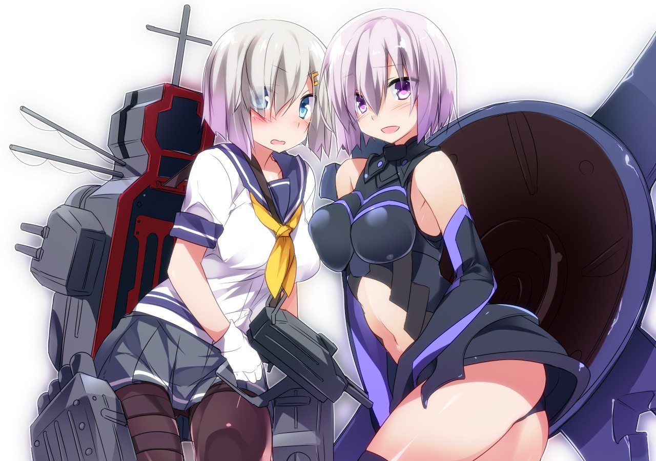 Anime 1280x900 white background simple background crossover Fate/Grand Order Fate series Hamakaze (KanColle)  Kantai Collection short hair Mash Kyrielight sailor uniform leotard anime girls flashing