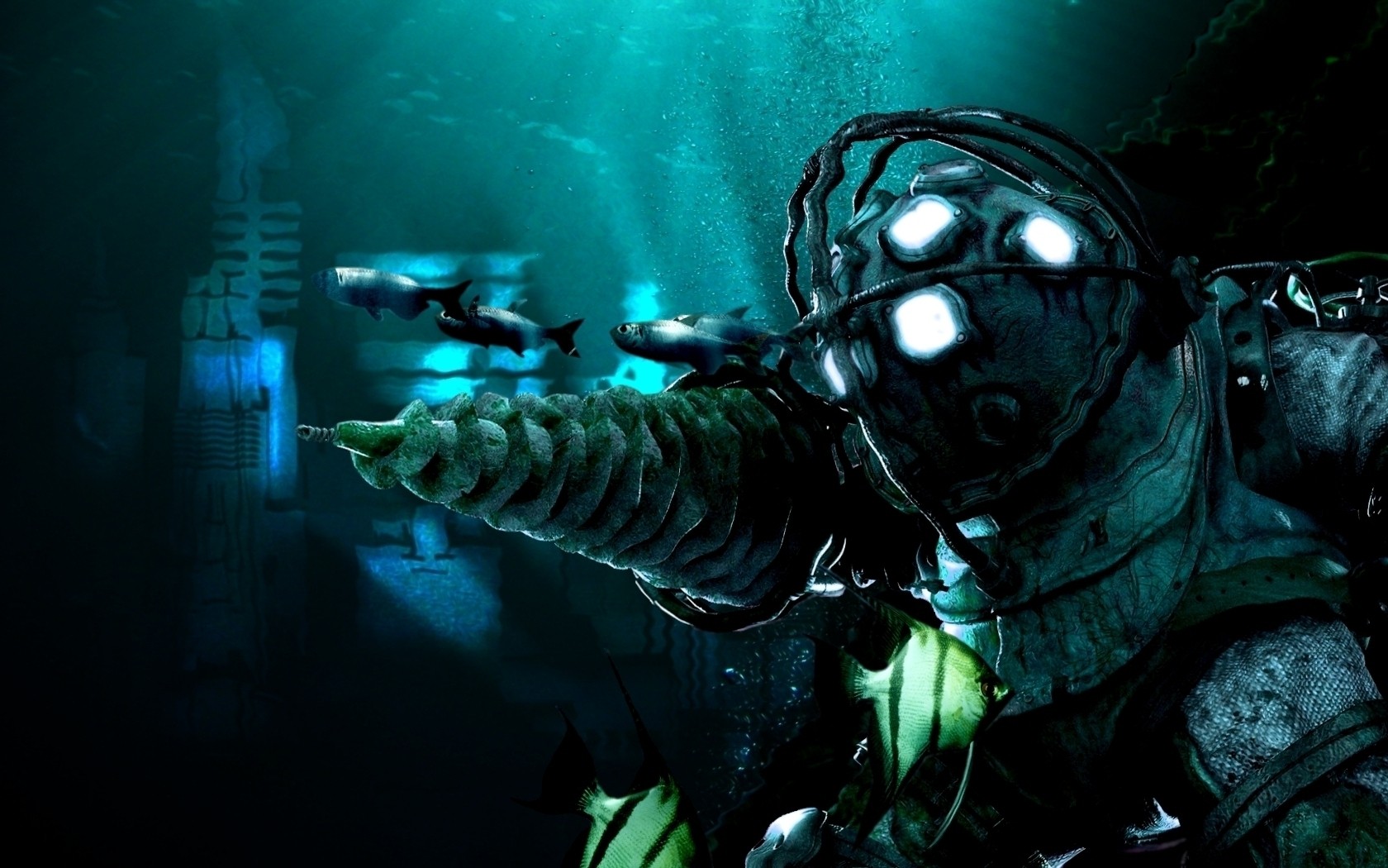 General 1680x1050 BioShock Big Daddy underwater video games cyan dark Irrational Games 2K Games fish animals PC gaming