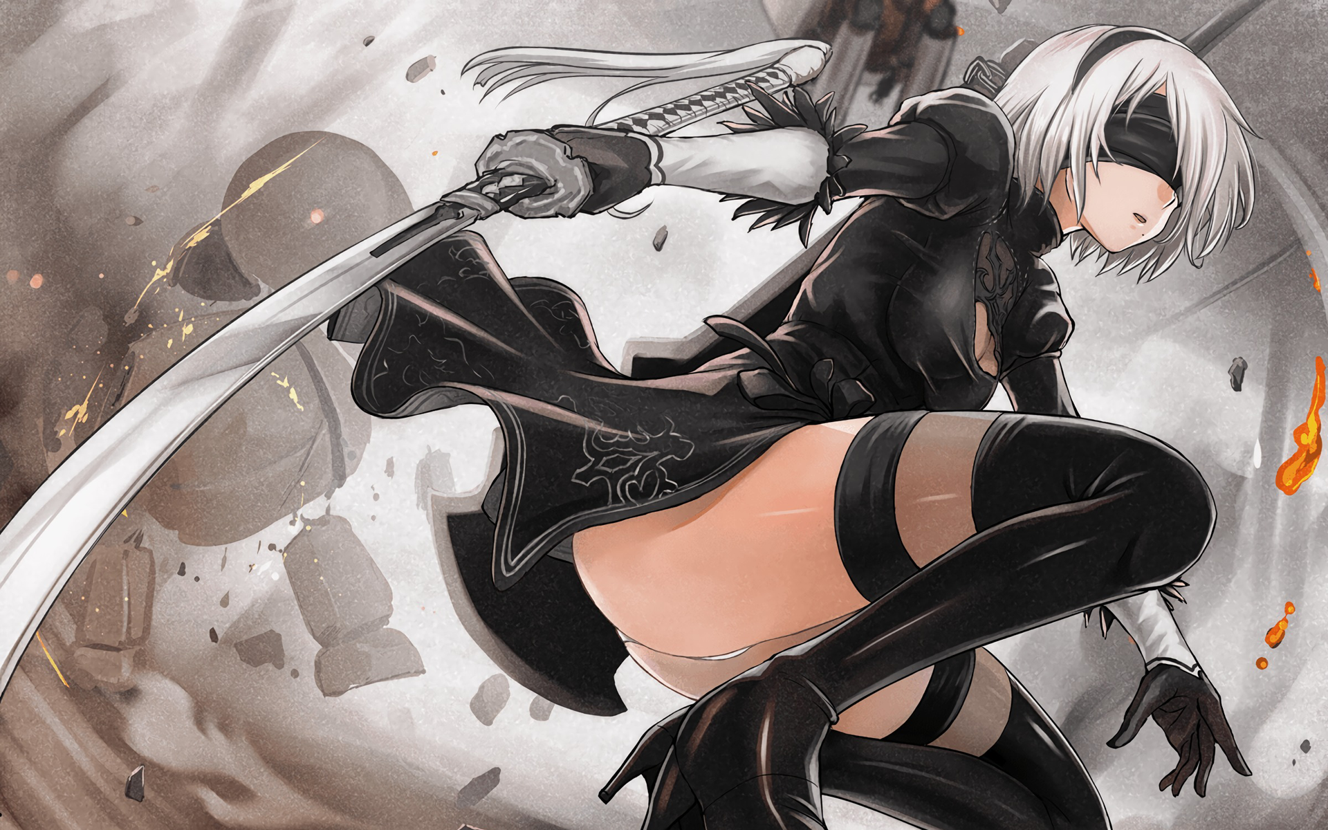 Anime 1920x1200 2B (Nier: Automata) Nier: Automata thigh-highs high heels boots white panties cleavage black dress white hair blindfold headband katana kneeling gloves puffy sleeves fire human android sparks