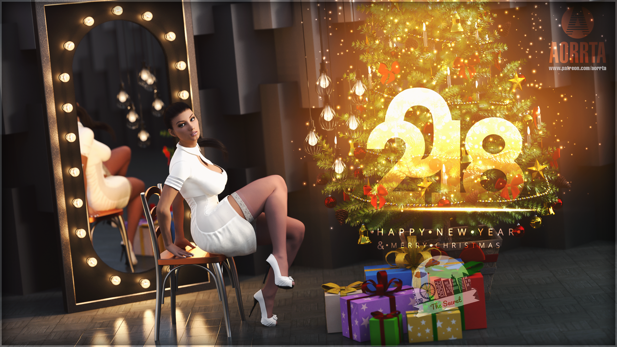 General 2560x1440 CGI Christmas New Year 2018 (year) Santa outfit feet legs stockings thigh-highs women