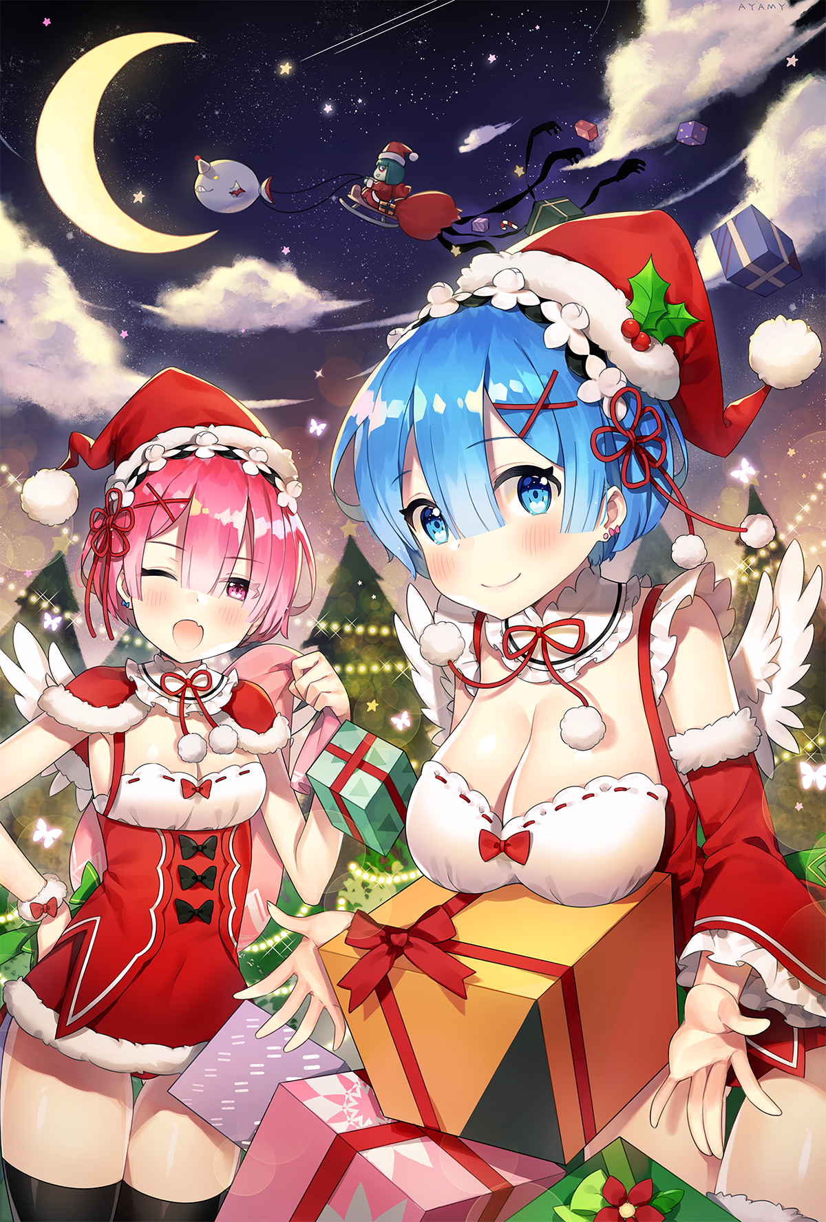Anime 1200x1776 dress Christina Papagianni Christmas maid maid outfit cleavage panties Ram (Re: Zero) Rem (Re:Zero) Re:Zero Kara Hajimeru Isekai Seikatsu thigh-highs