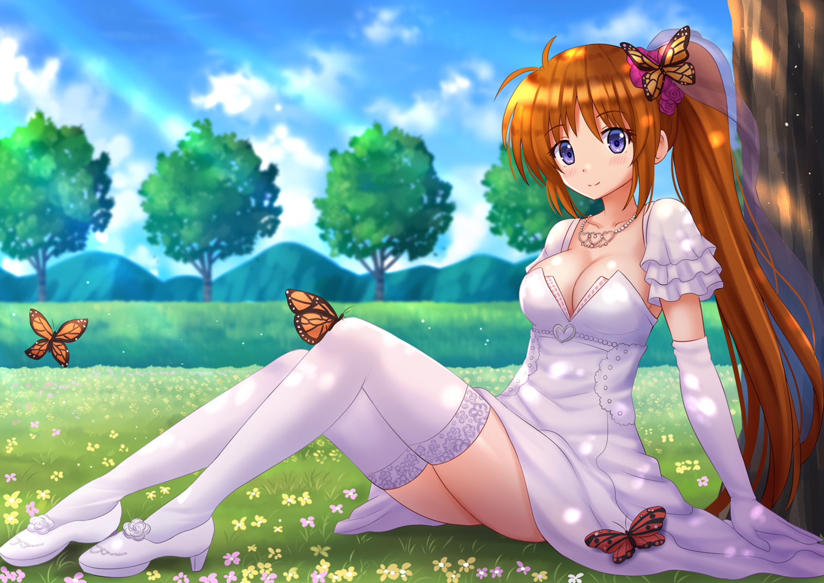 Anime 1697x1200 big boobs anime girls stockings kazenokaze outdoors women outdoors anime looking at viewer butterfly trees sky nature clouds grass on the ground ground white stockings gloves white gloves elbow gloves redhead blue eyes flower in hair cleavage collarbone frills flowers landscape dress long hair Takamachi Nanoha Mahou Shoujo Lyrical Nanoha closed mouth smiling