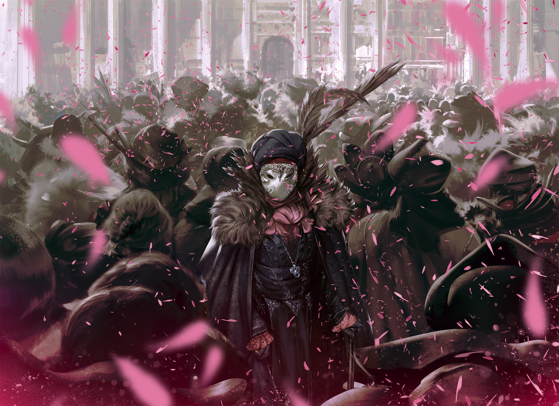General 1920x1397 assassins  mask petals people pink black silver white velvet digital art