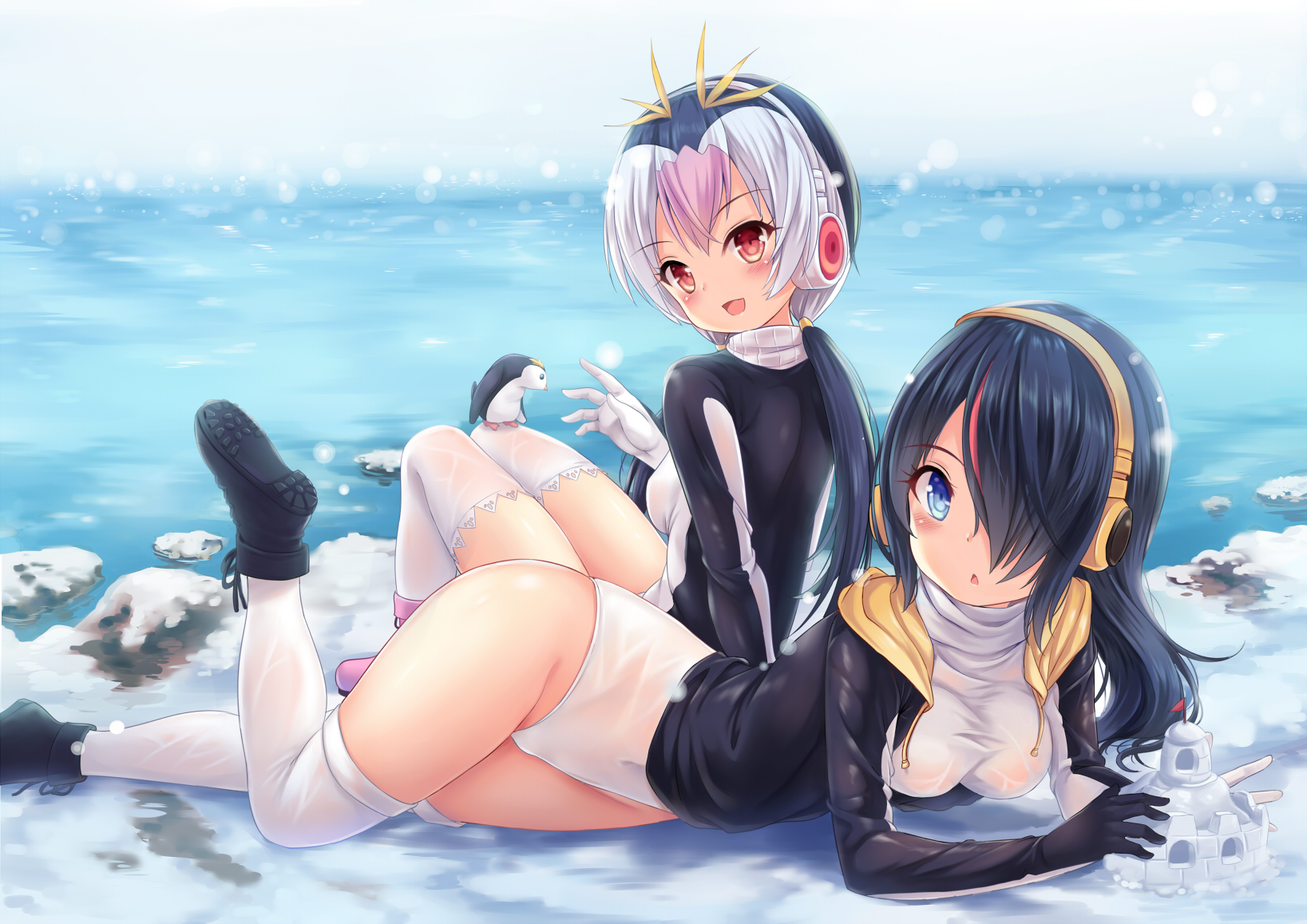 Anime 1637x1157 Emperor Penguin (Kemono Friends) Kemono Friends thigh-highs leotard see-through clothing black hair silver hair white stockings stockings one-piece swimsuit thighs blue eyes red eyes penguins snow legs open mouth anime girls